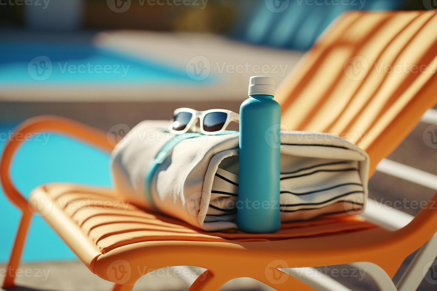 summer holidays by the pool suntan lotion and sunglasses generative ai
