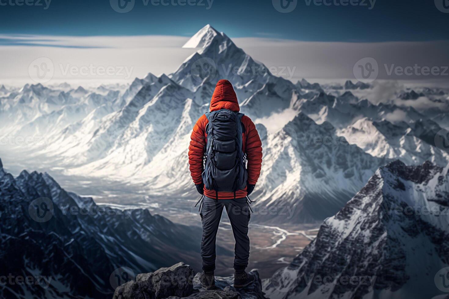 man mountain climber in snowy winter illustration photo