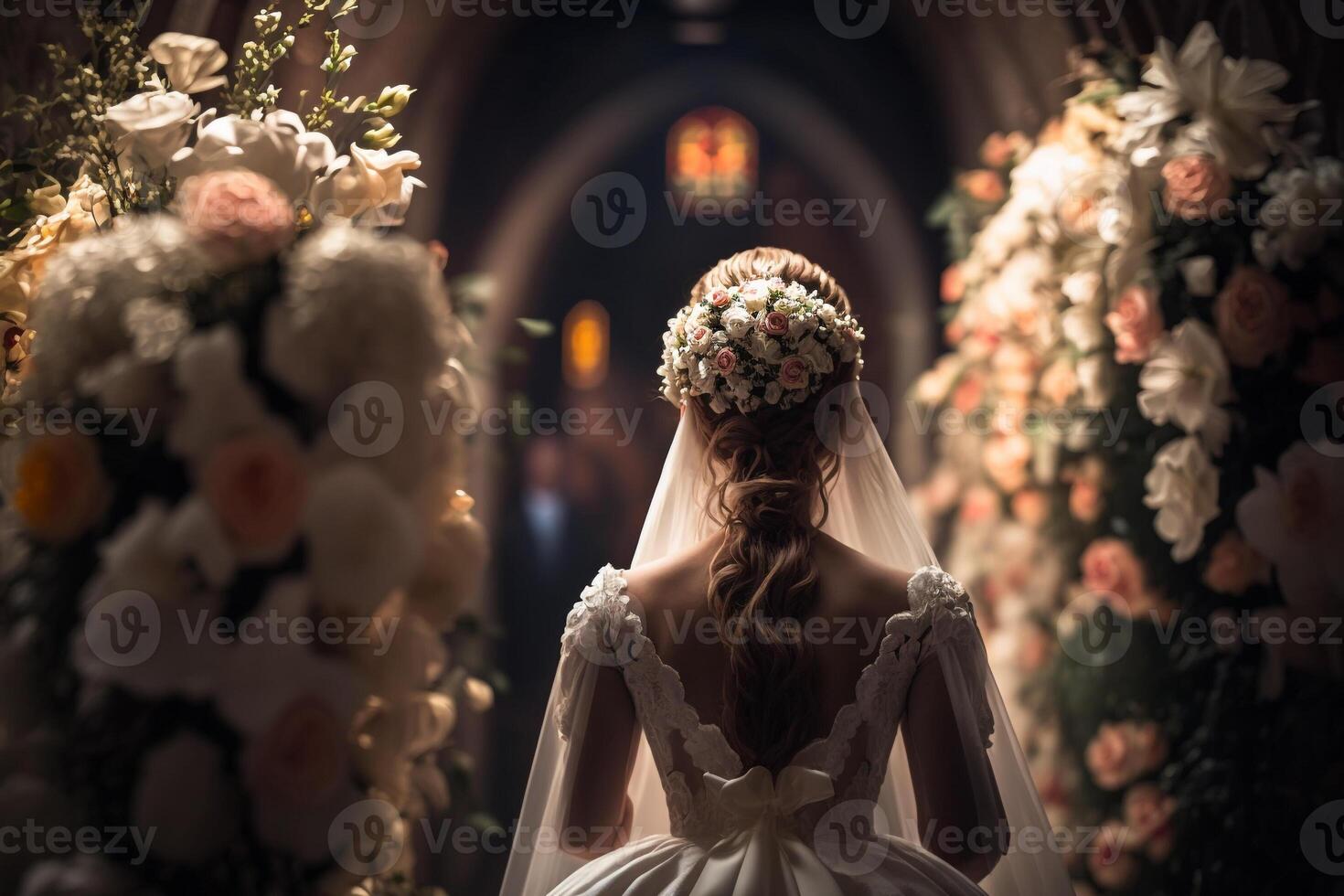 niña novia entra el Iglesia para matrimonio Boda ilustración generativo ai foto