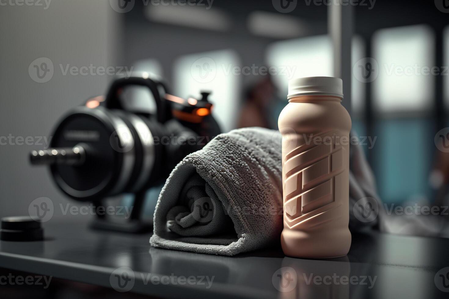 proteína botella y un toalla Deportes estilo de vida, gimnasio actividad ilustración generativo ai foto