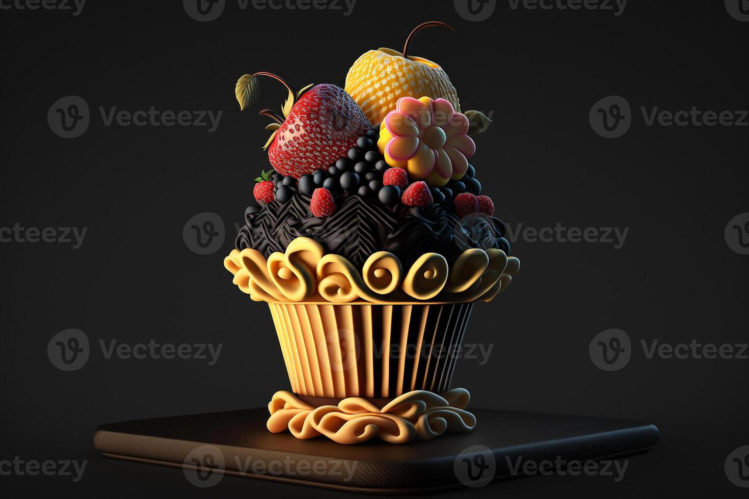 berry muffin cupcake on a podium on dark background illustration photo