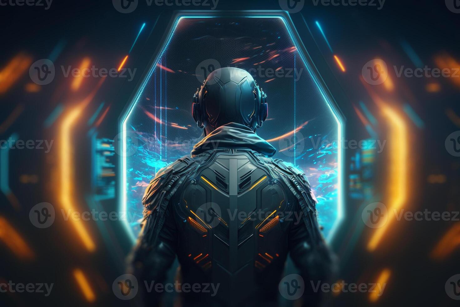 futuristic robot cyborg in sci-fi tunnel back view illustration photo