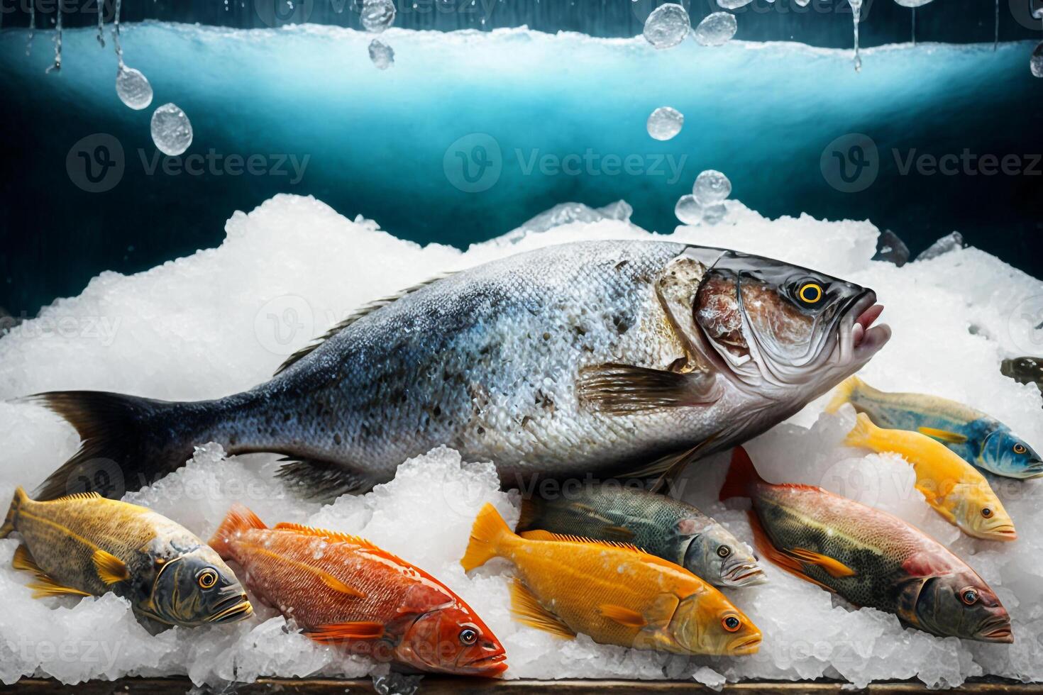 frozen sea fish on the ice counter illustration photo