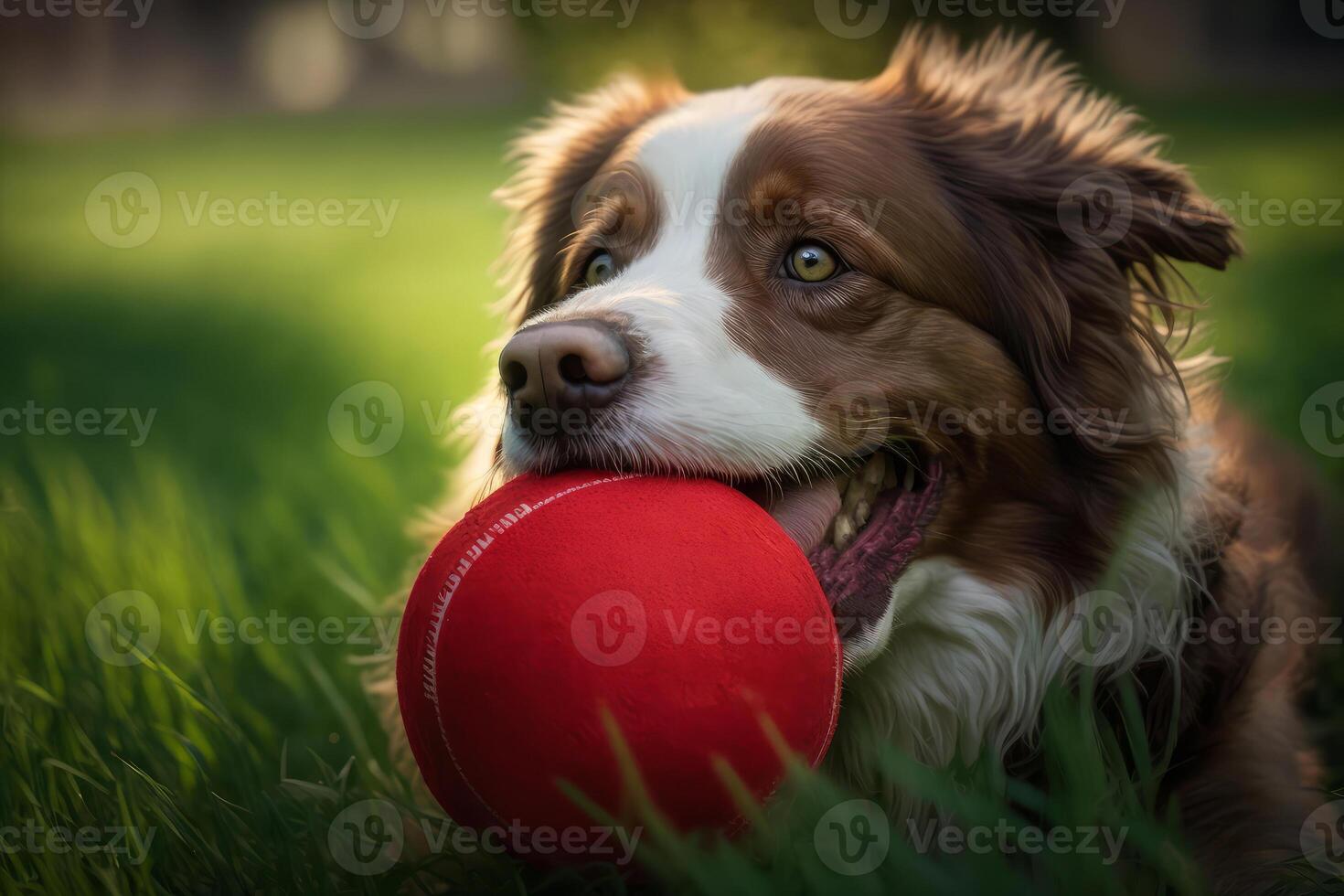 dog on the lawn in the park holding a red ball in his mouth photo