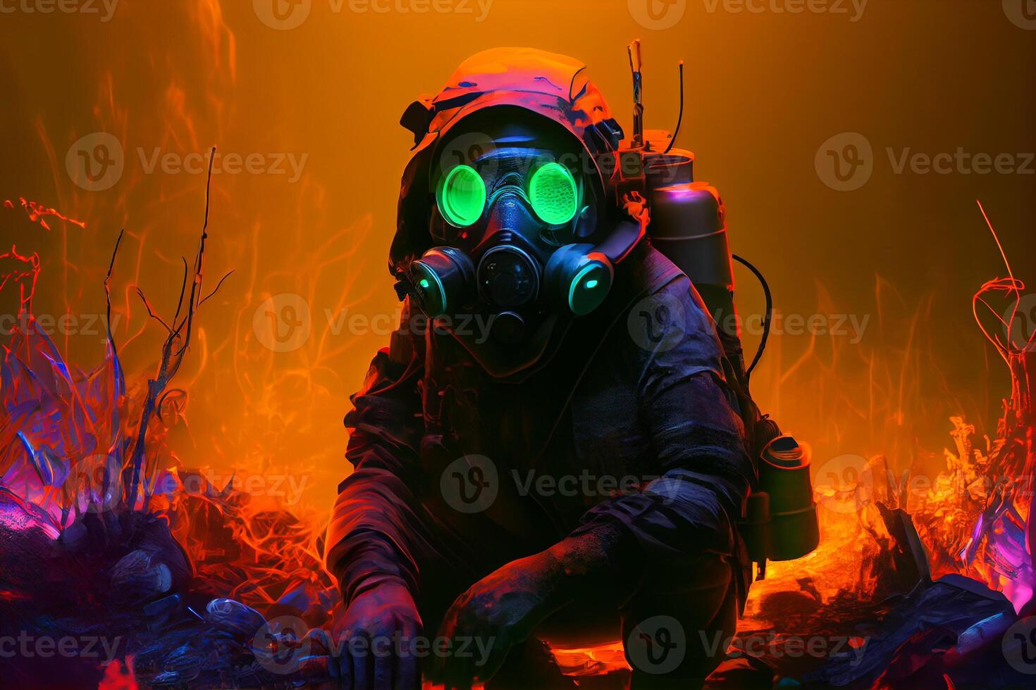 fantasy character in biochemical face mask and glow glasses radiation chemical apocalypse art illustration photo