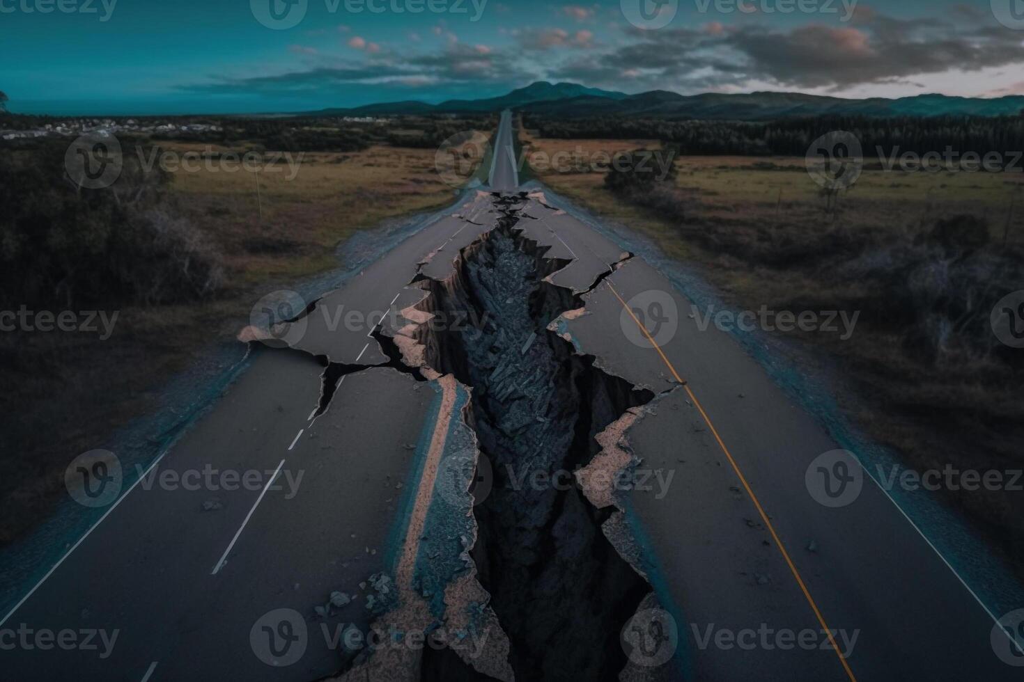earthquake crack earth fault from seismic plate movement on road photo
