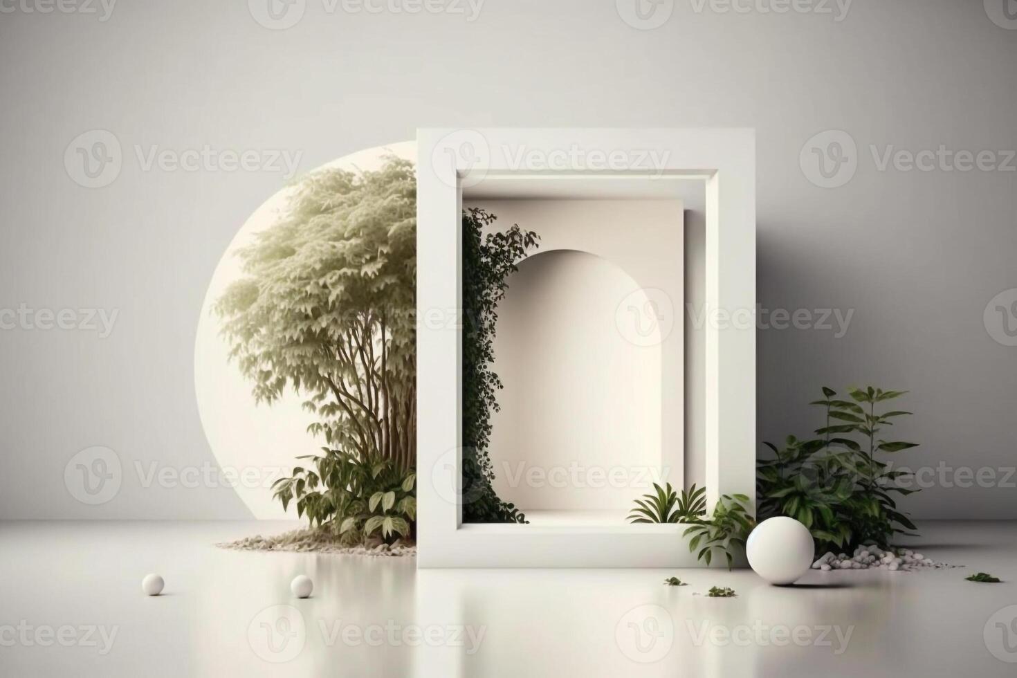 empty vertical frame mockup with green leaves on white wall background photo