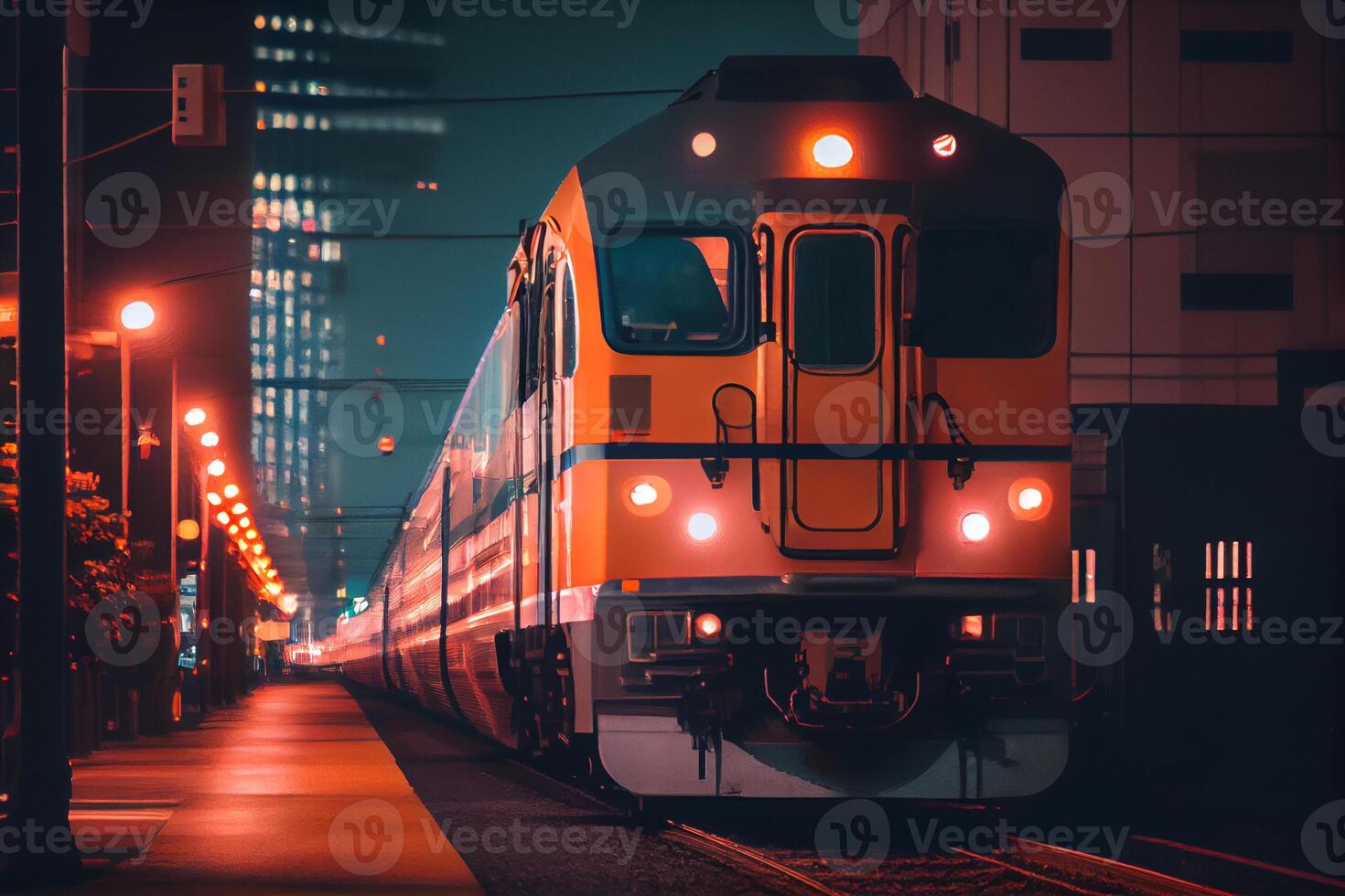 tren paso mediante el noche ciudad ilustración generativo ai foto