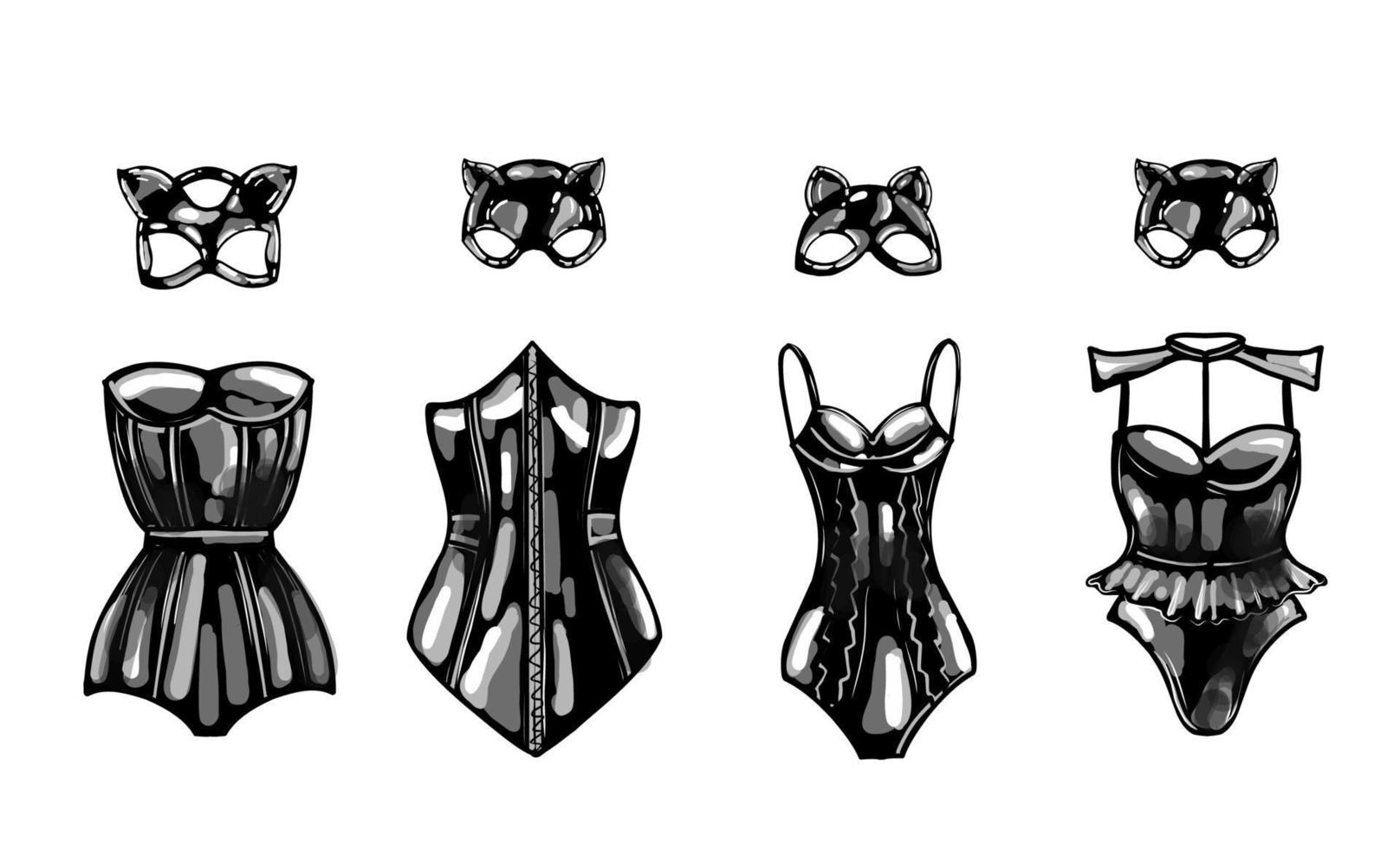 latex cat and rabbit mask. black latex. female corset. fetish. vector