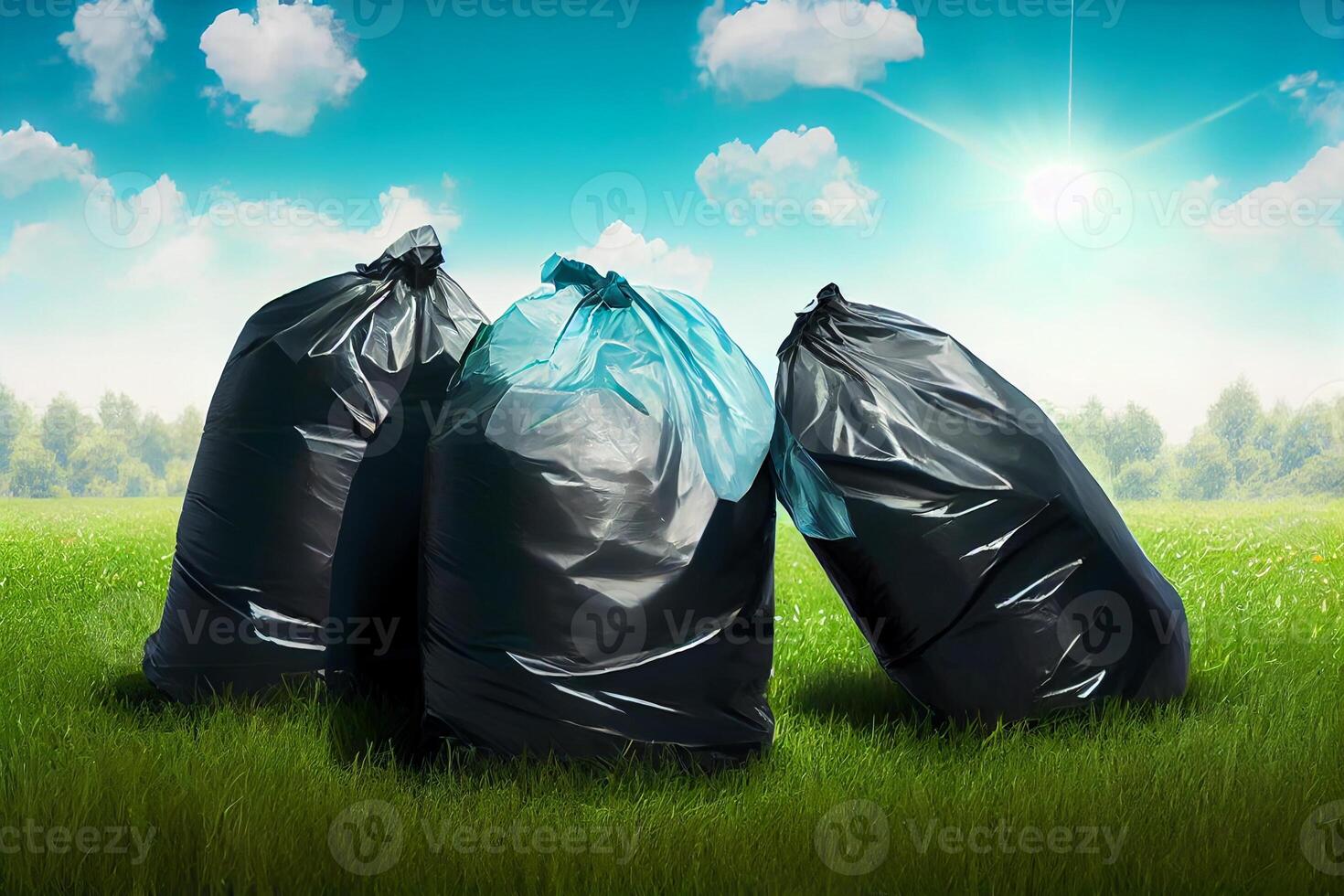 black garbage bags on the grass in nature illustration photo