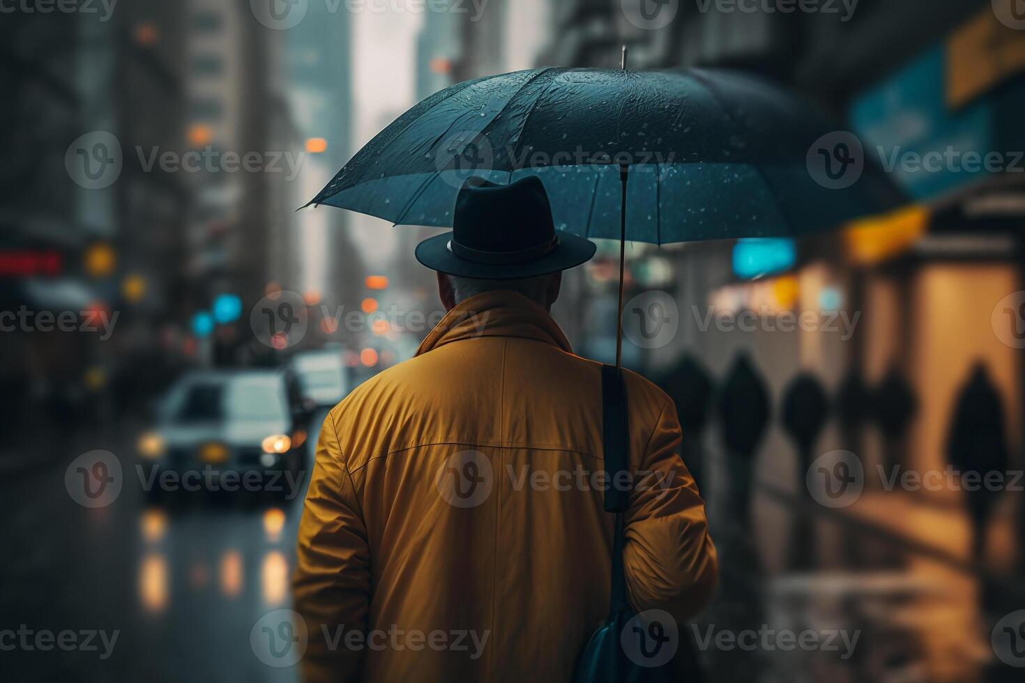 rainy weather, a man with an umbrella walks down the street illustration photo