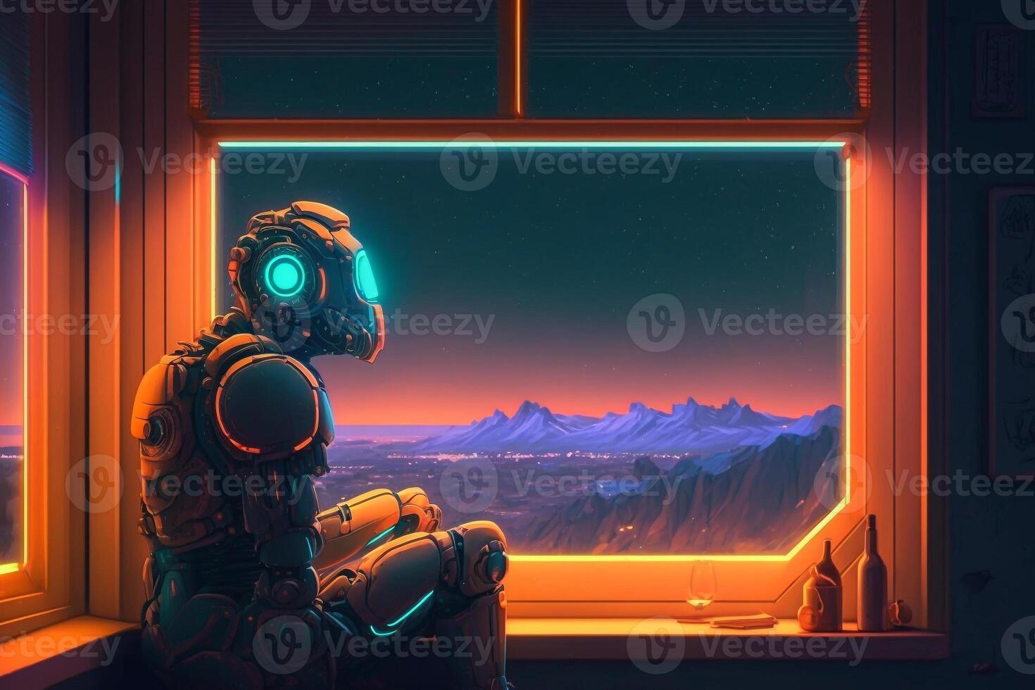sad robot looks out the window, robotic recognizes emotions illustration photo