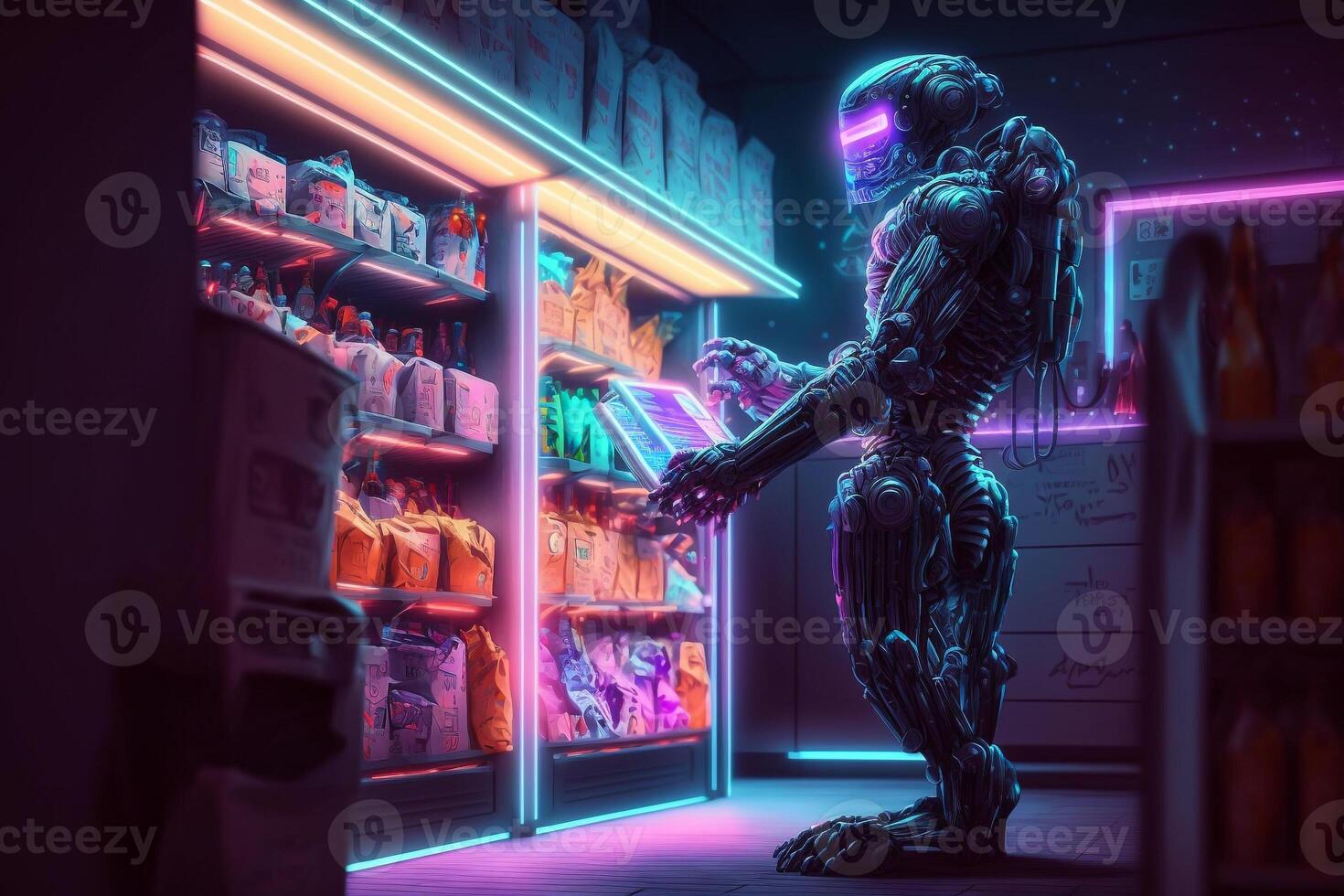 futuristic robot in the shop market makes purchases cyber style illustration photo