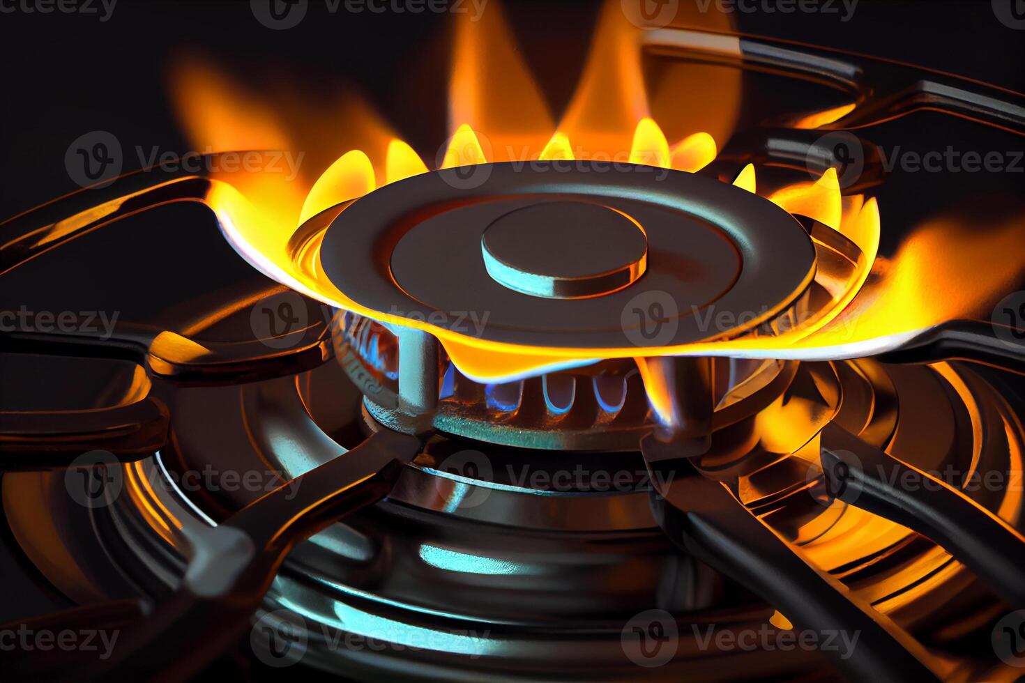gas burner with blue orange flame closeup illustration photo