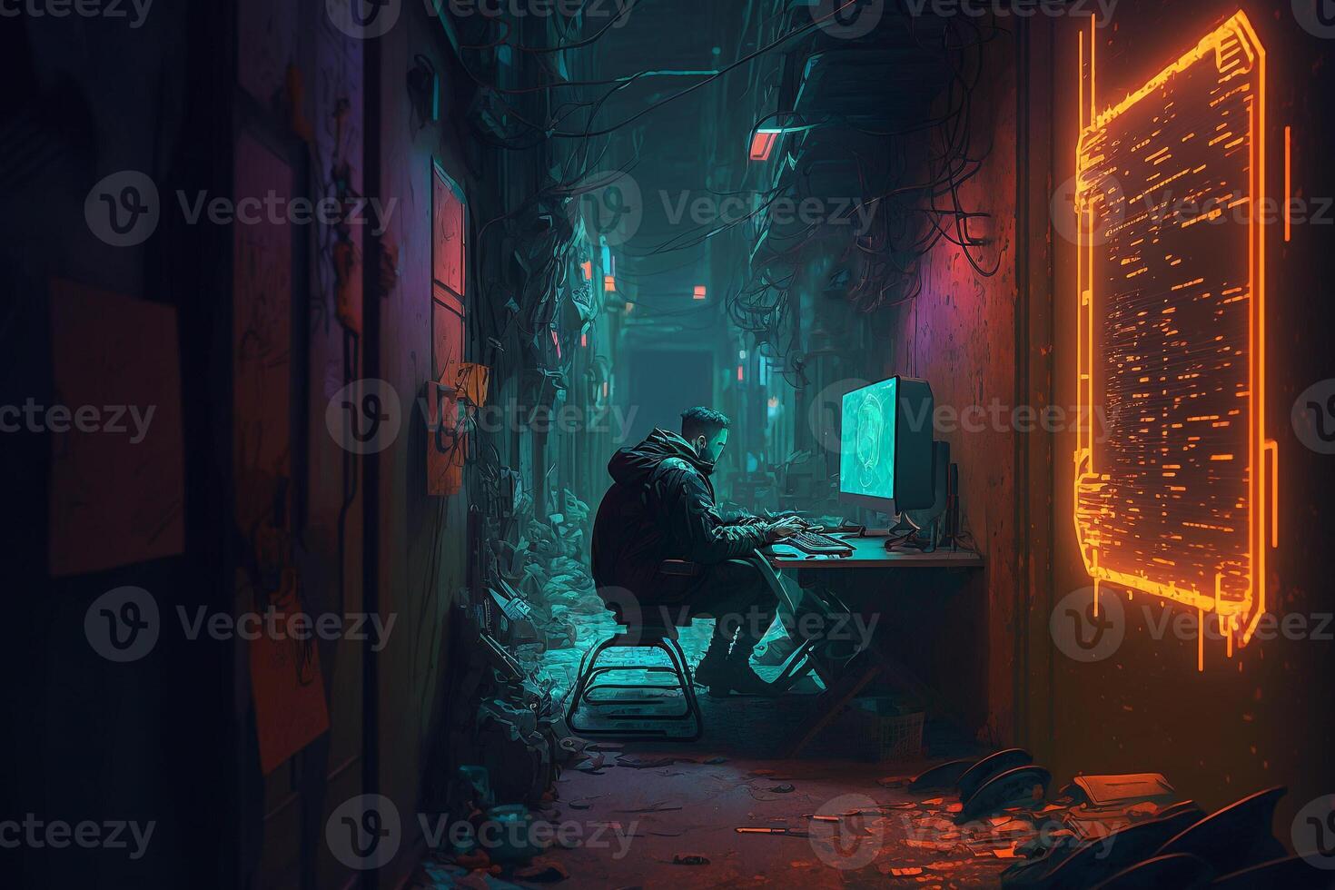 cyber security hacker at a computer in a dark room cyber style neon lighting illustration photo