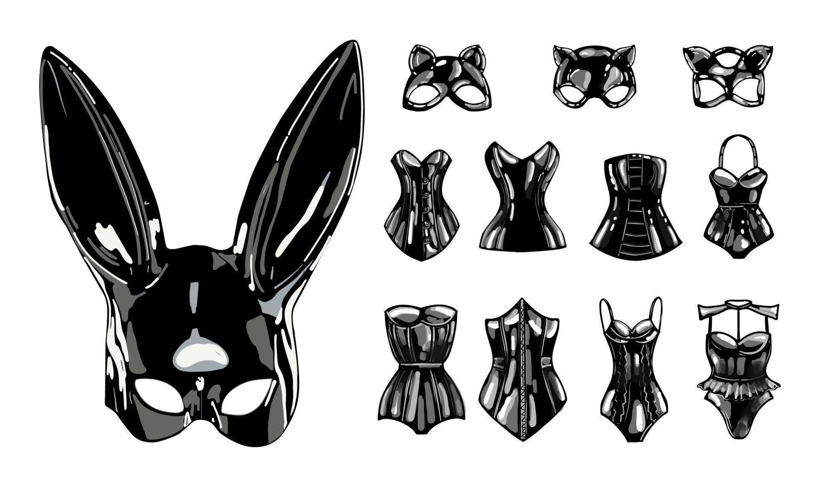 latex cat and rabbit mask. black latex. female corset. fetish. vector