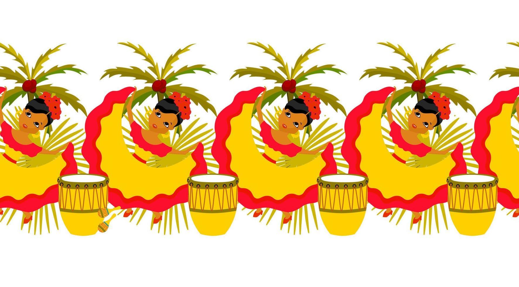 Happy Carnival, Colombia, South America Carnival with samba dancers and musicians. Seamless border colombian festival vector
