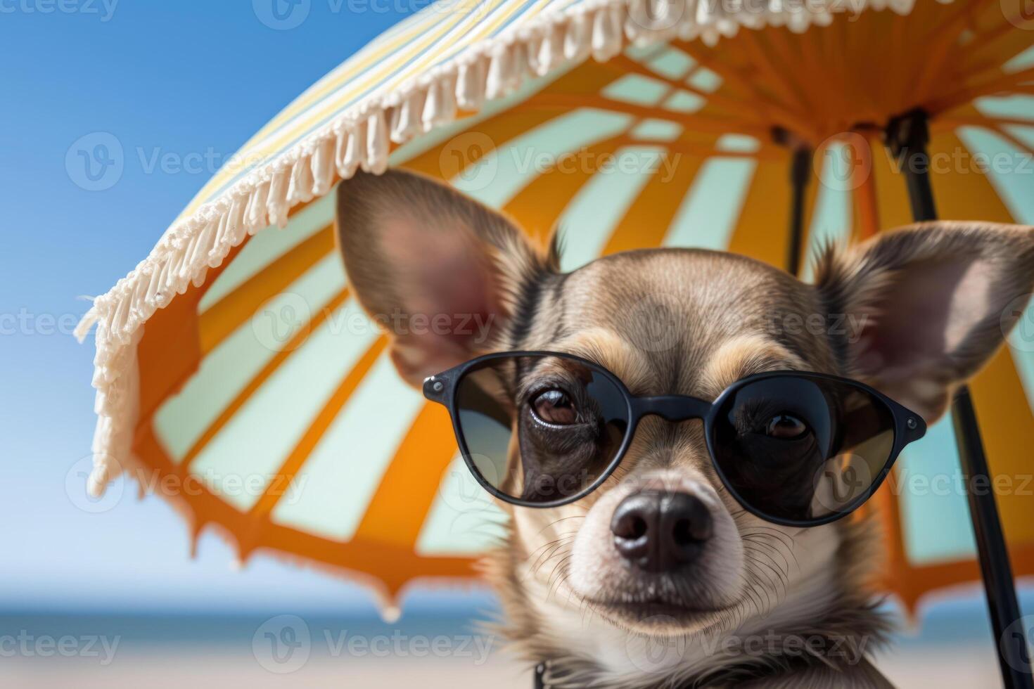 beach holiday with funny pet, chihuahua dog at the resort photo