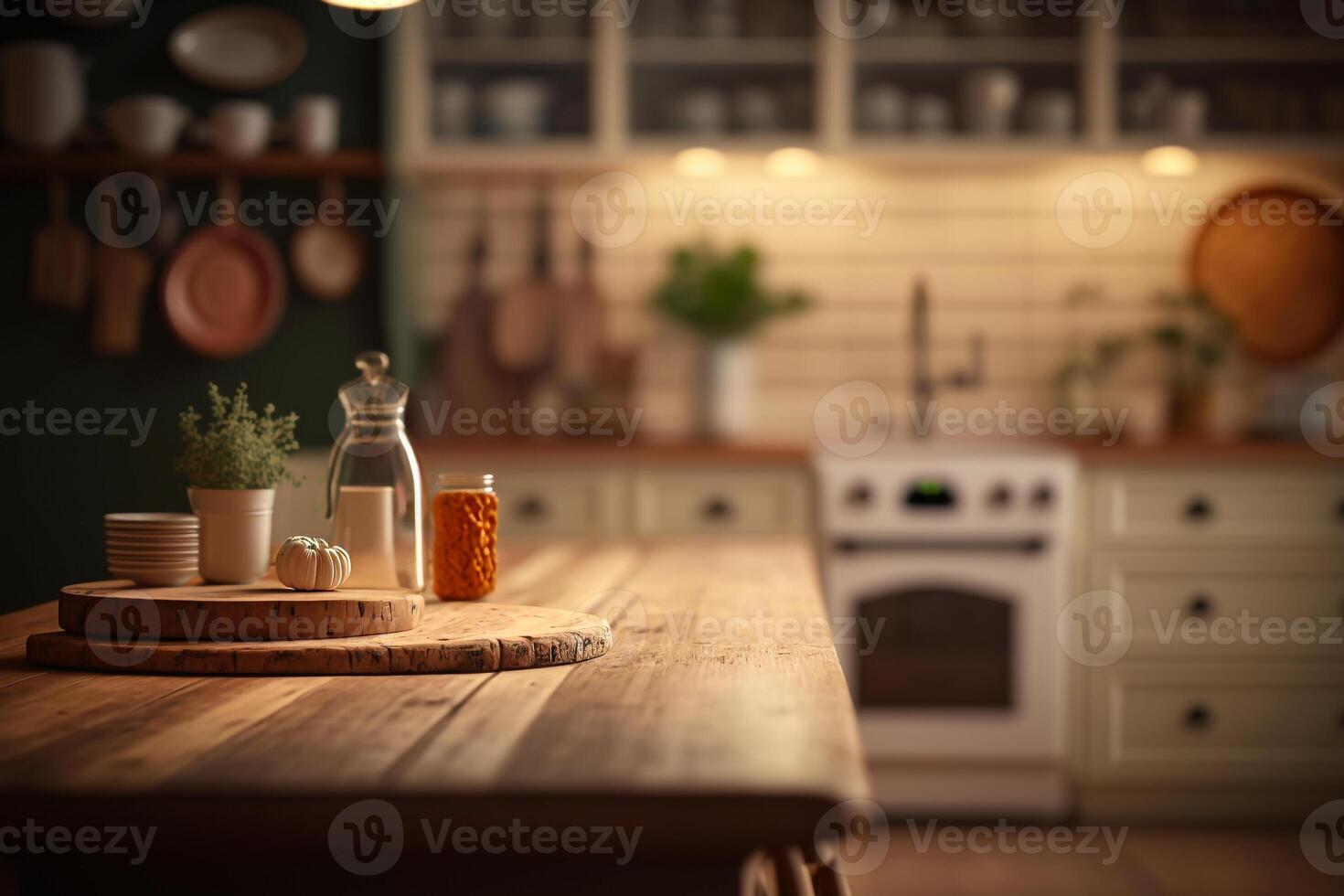 empty wooden table on kitchen photo