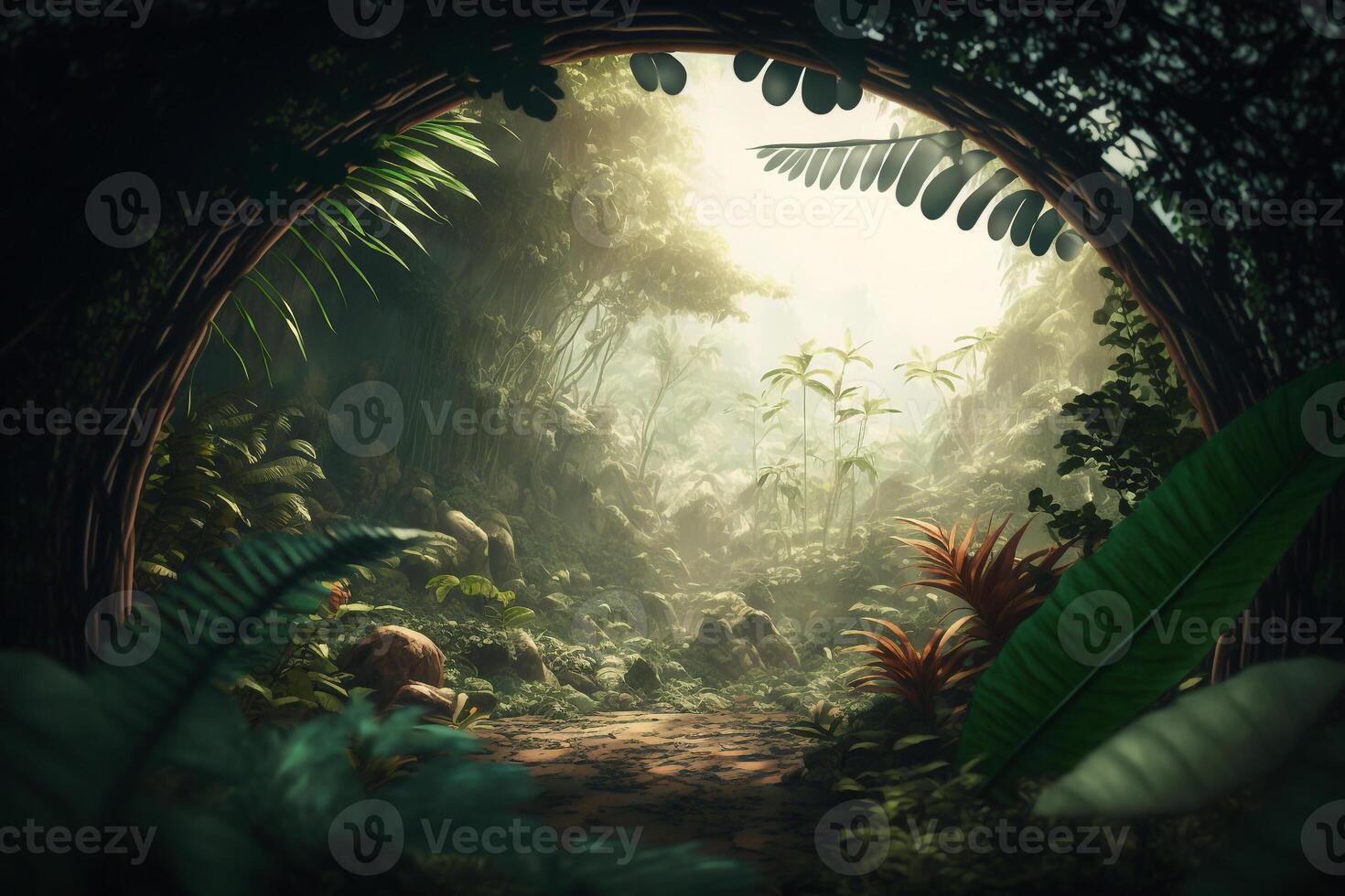 empty space sunny jungle forest,tropical nature display scene photo