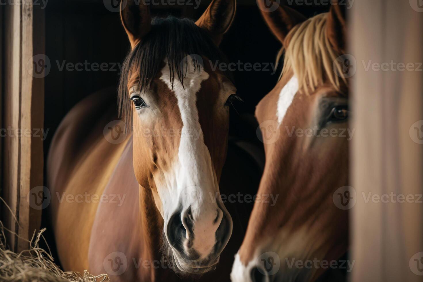 two horses in a stable in a stall illustration photo