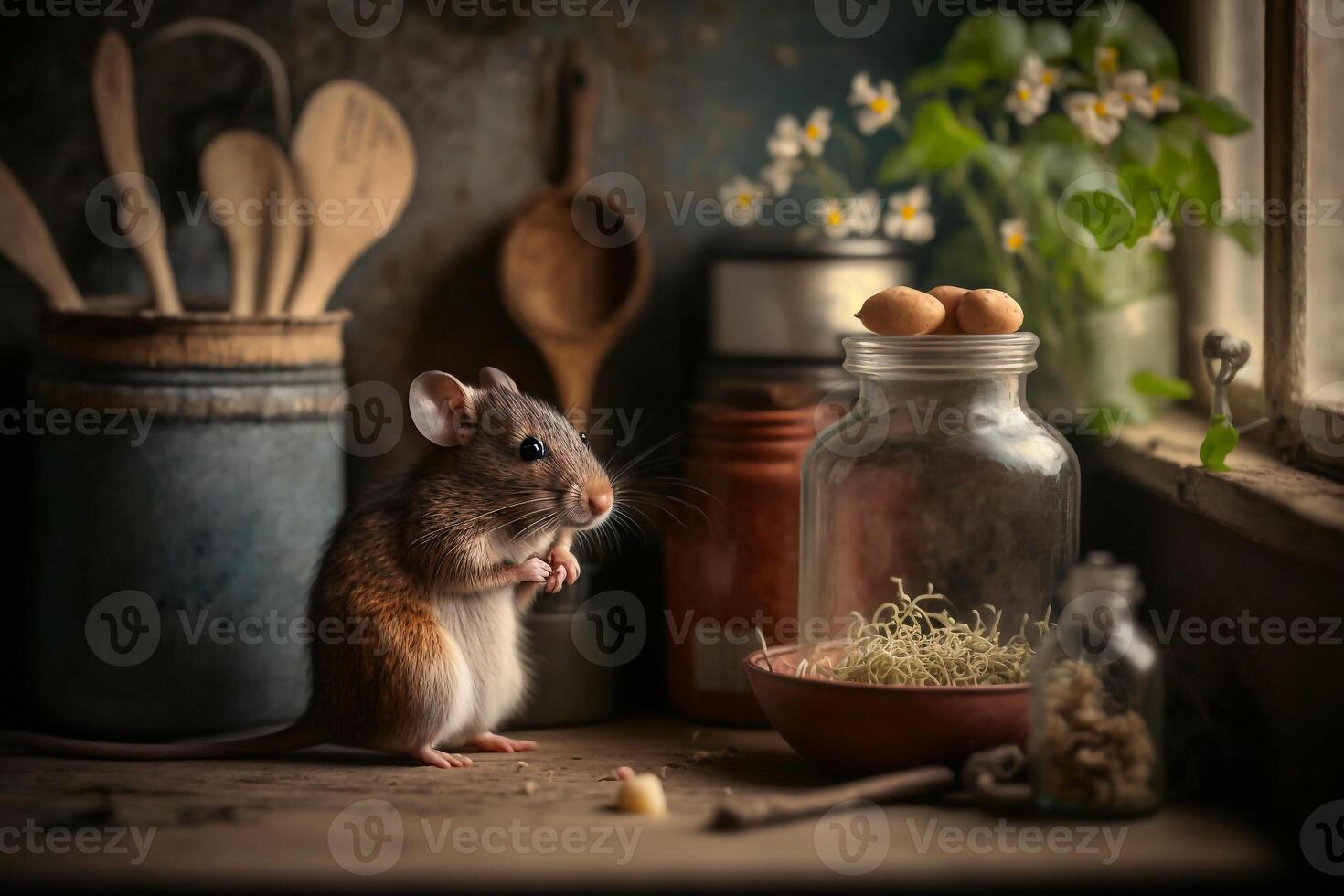 mouse in kitchen looking window, illustration photo