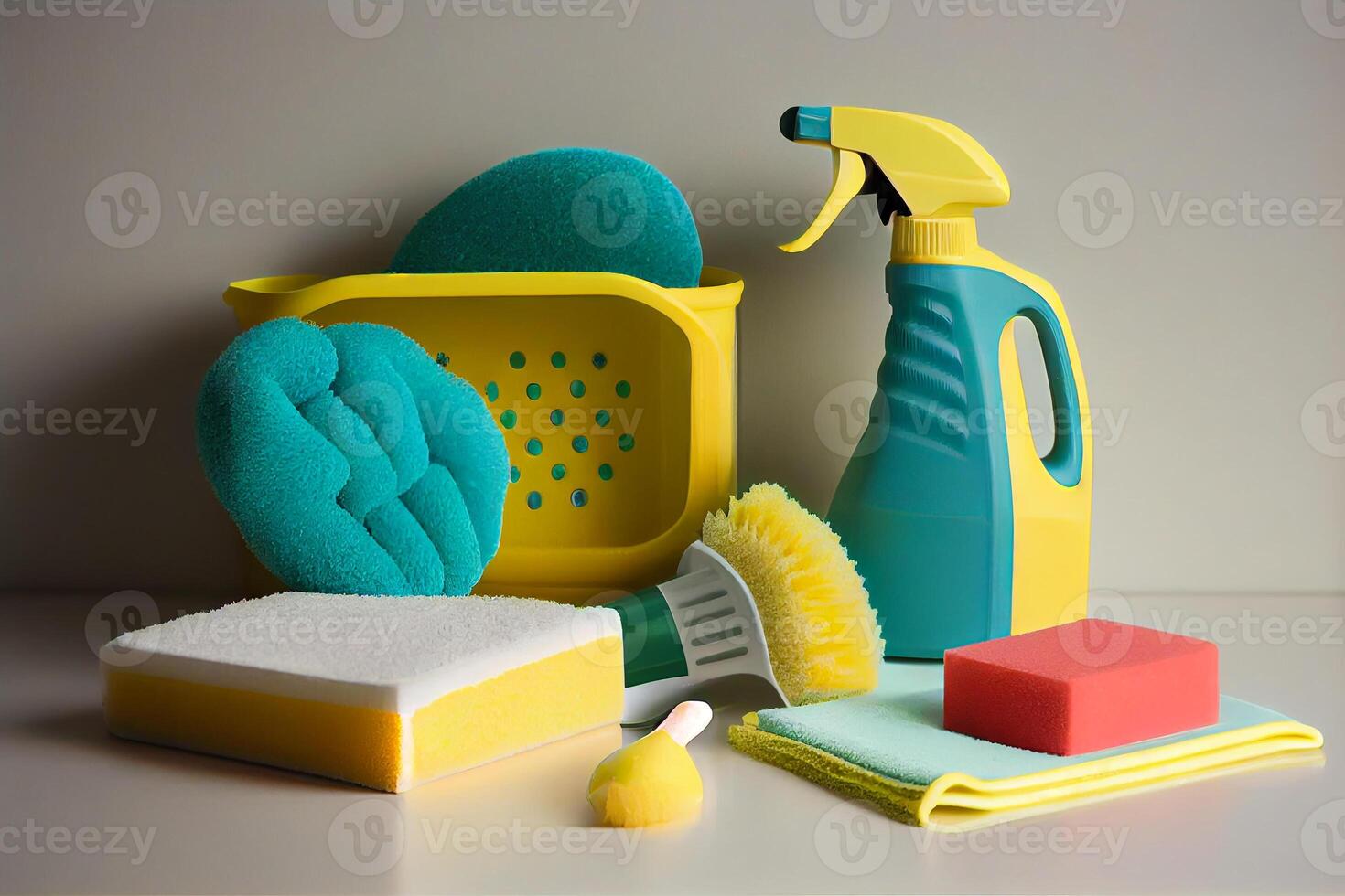 dishwashing accessories detergent and washcloths illustration photo