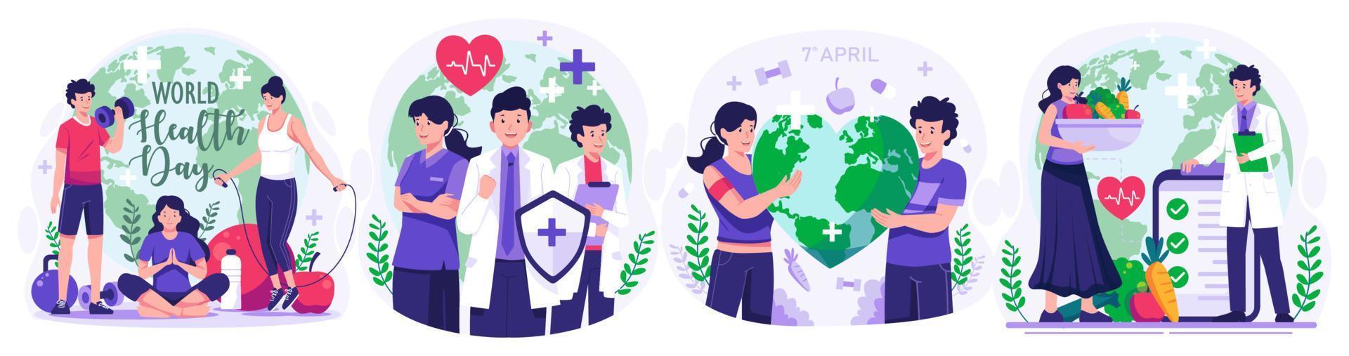 Illustration Set of World Health Day concept with Group of staff medical doctors and nurses, people living healthy activity, person jogging, cycling, yoga. vector illustration