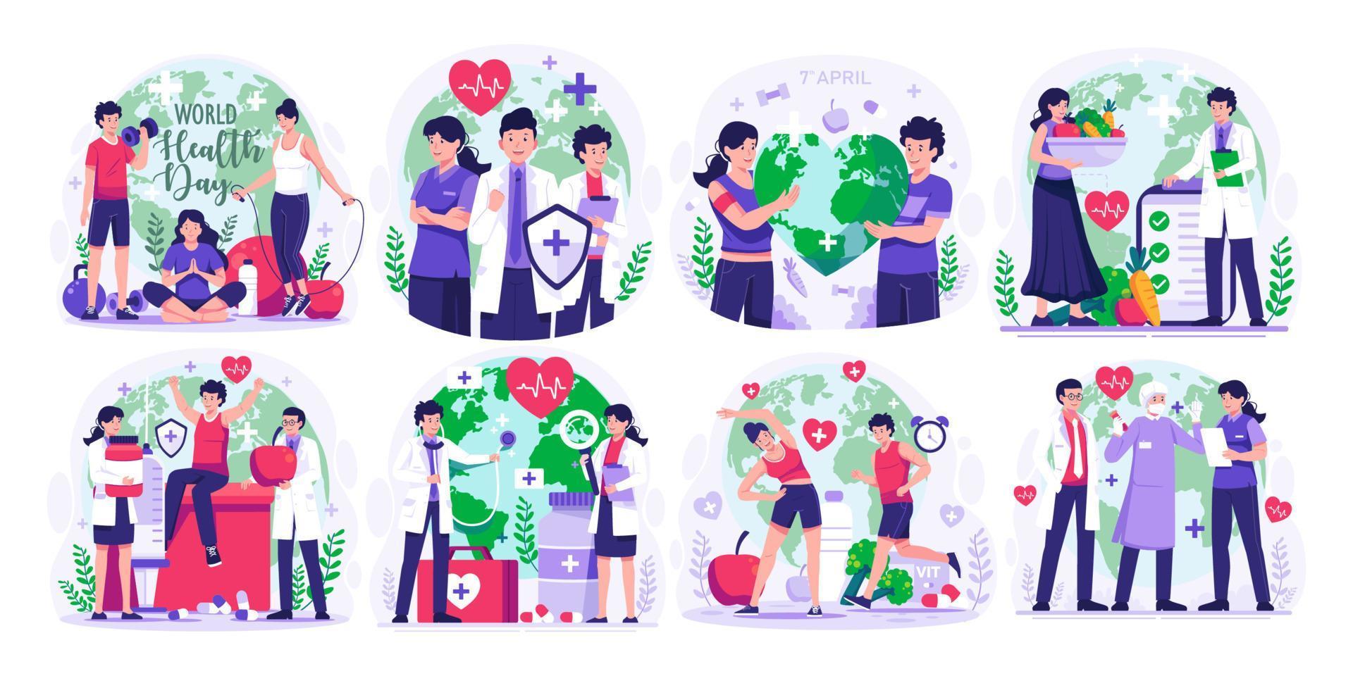 enorme ilustración conjunto de mundo salud día concepto con grupo de personal médico doctores y enfermeras, personas vivo sano actividad, persona correr, ciclismo, yoga. vector ilustración