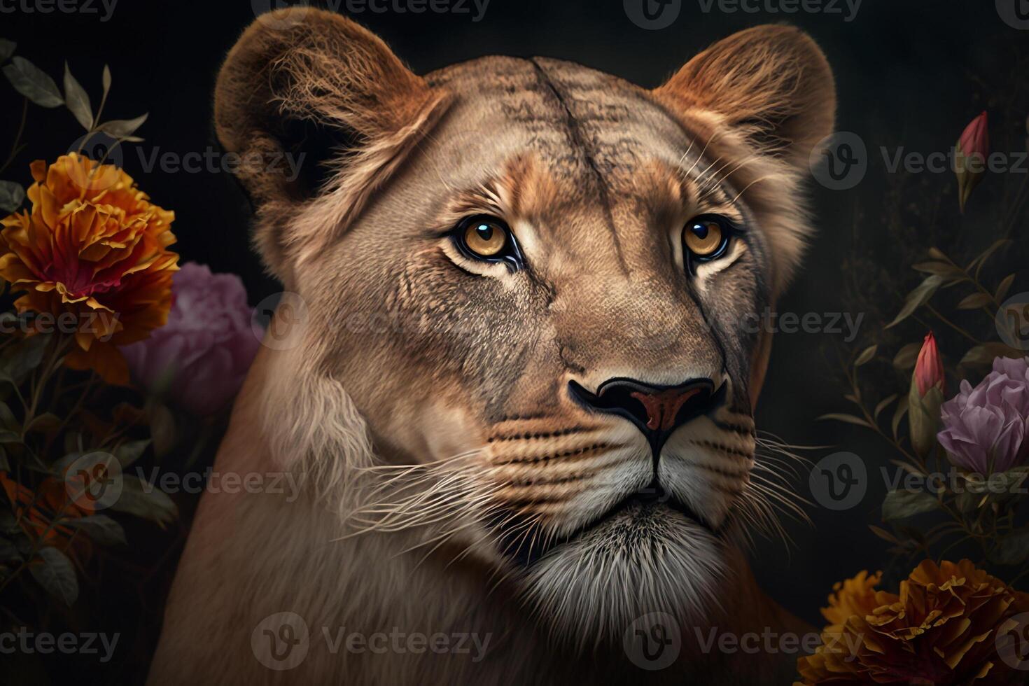 portrait of a lioness head on flowers photo