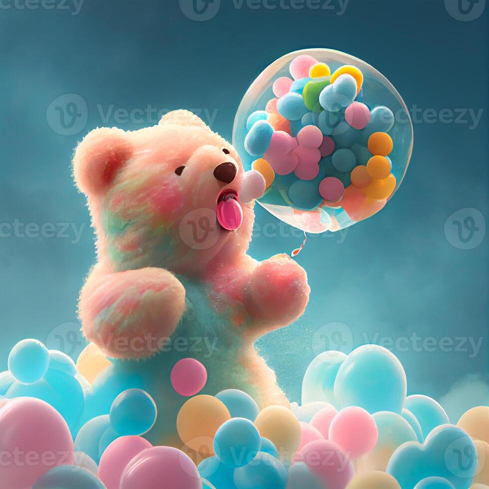 sugar teddy bear with colorful balloons illustration photo