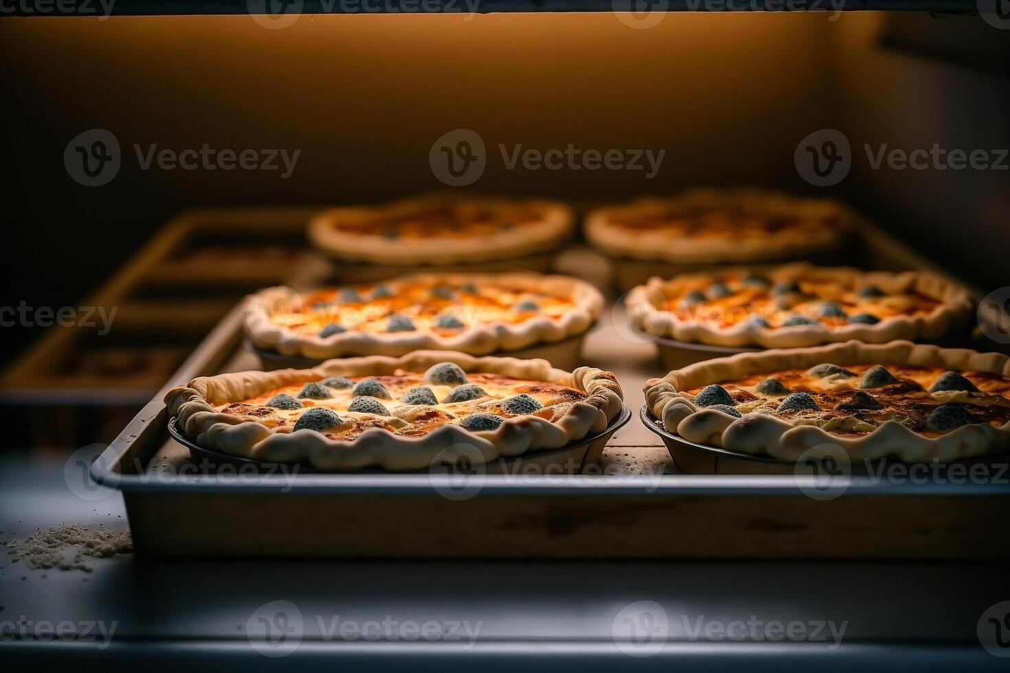 freshly baked pie in the oven on baking sheet illustration photo