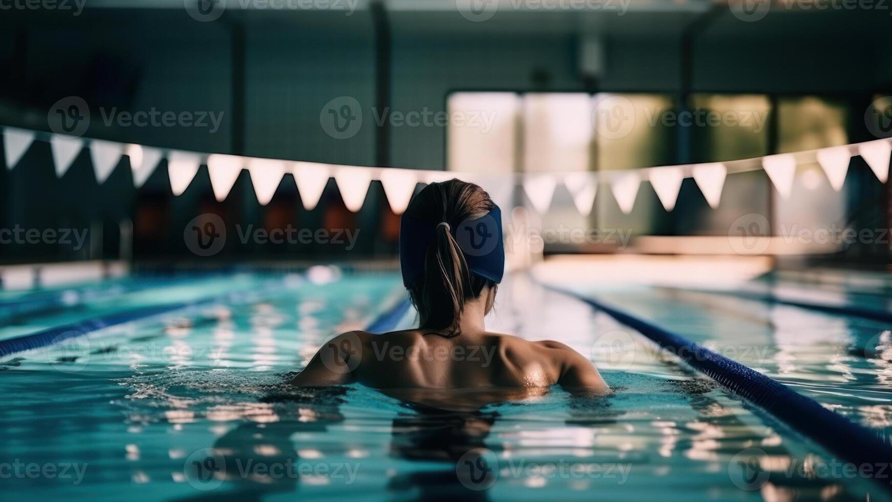 woman in swimming cap, sports swimming in the pool back view photo