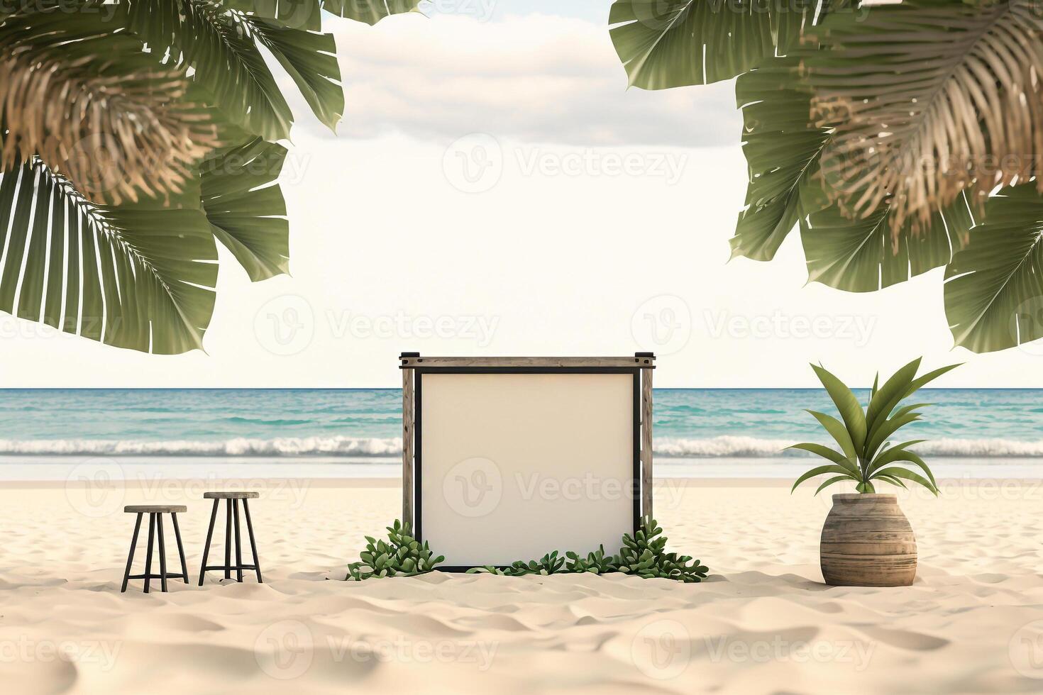 empty space mockup frame with palm leaves on beach sand sea summer background photo