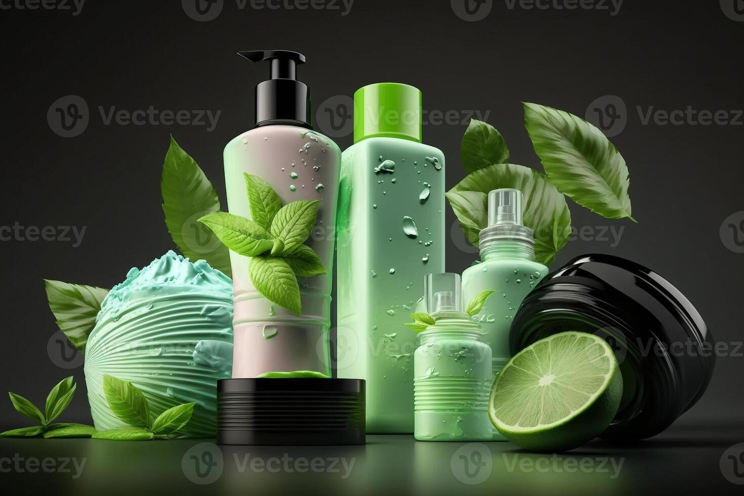 cosmetic bottle with green lime and mint leaf illustration photo