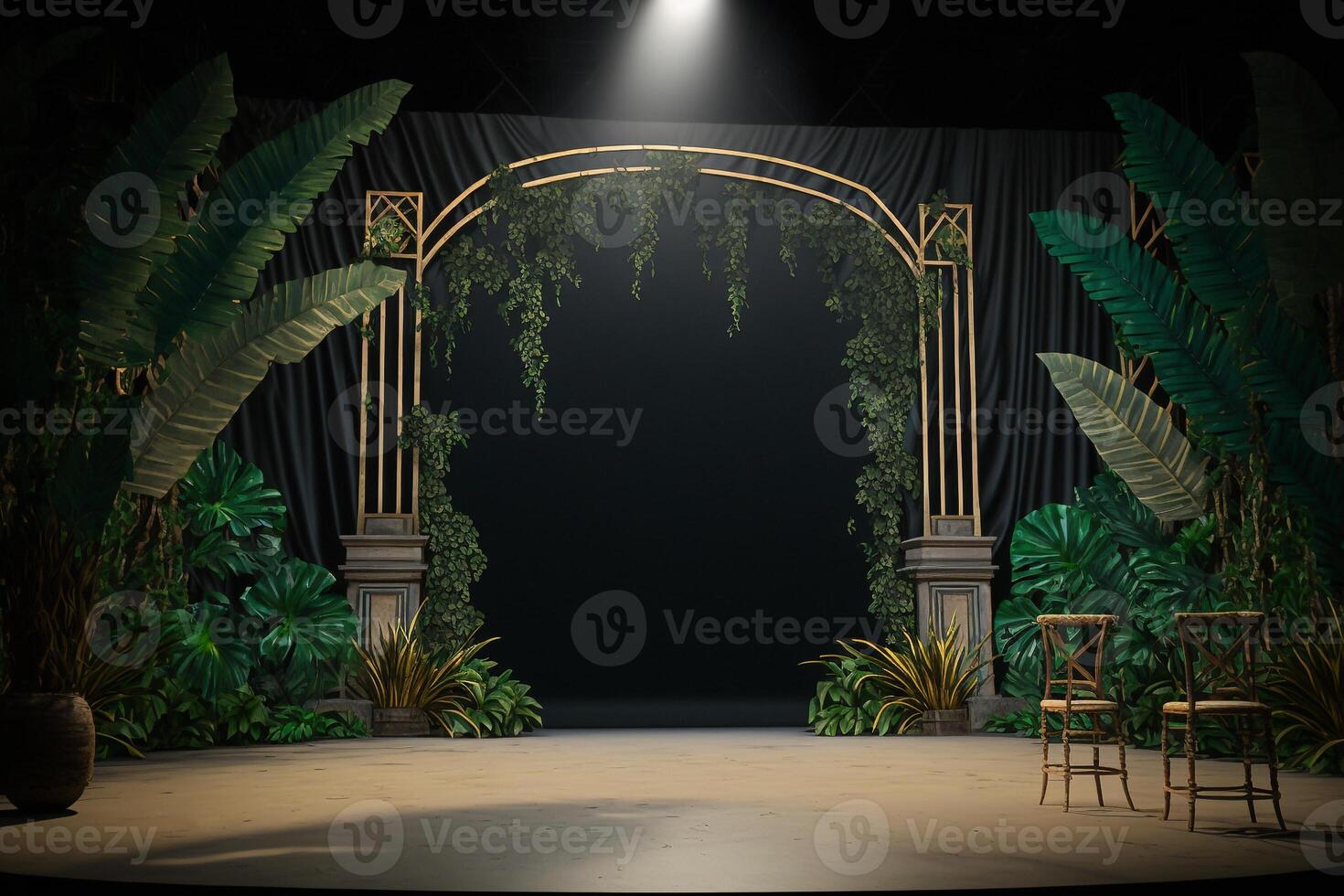lighting tropical room empty space stage in the middle and palm leaves photo