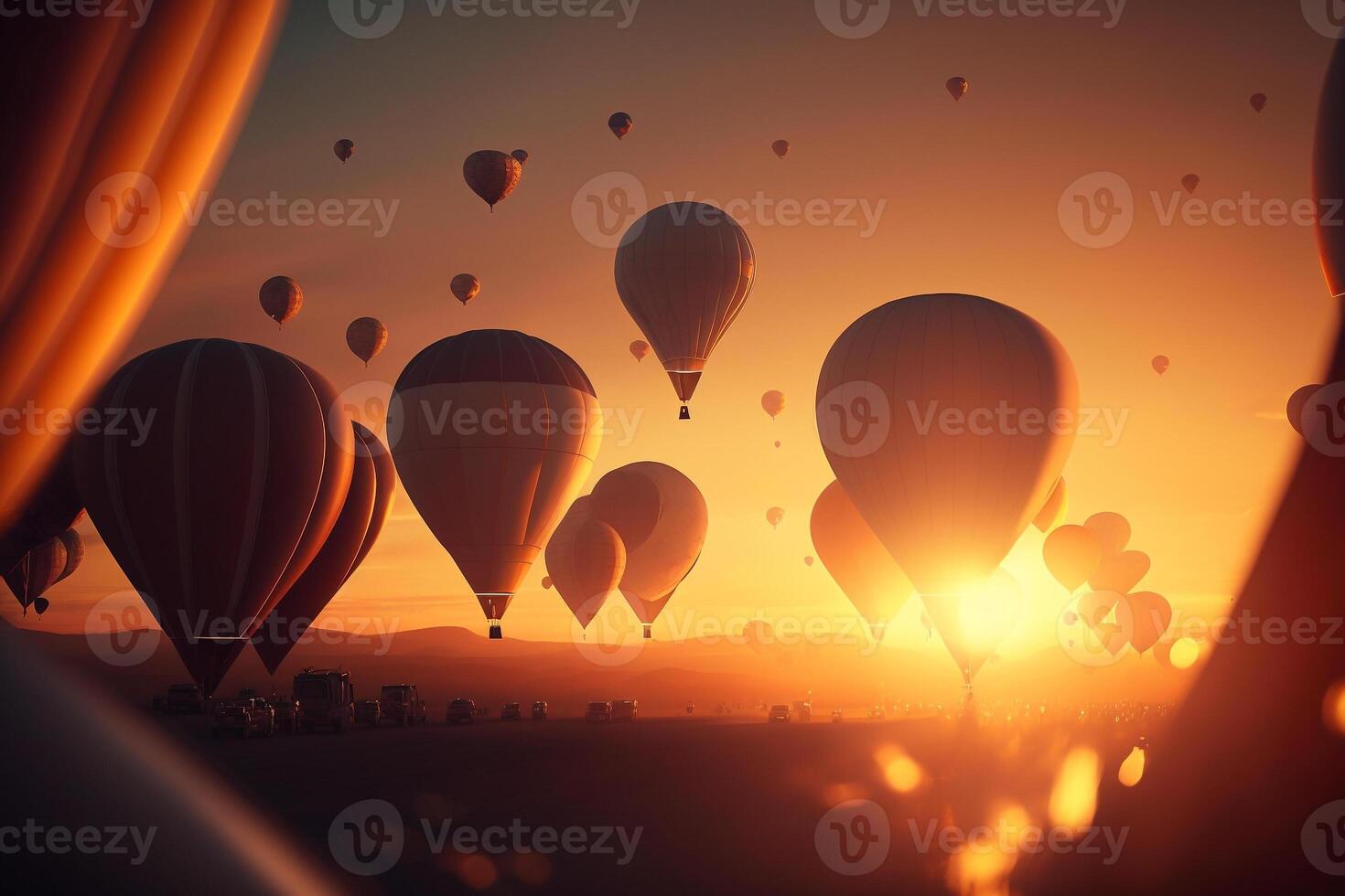 un lote de caliente aire globos en el puesta de sol noche cielo generativo ai foto