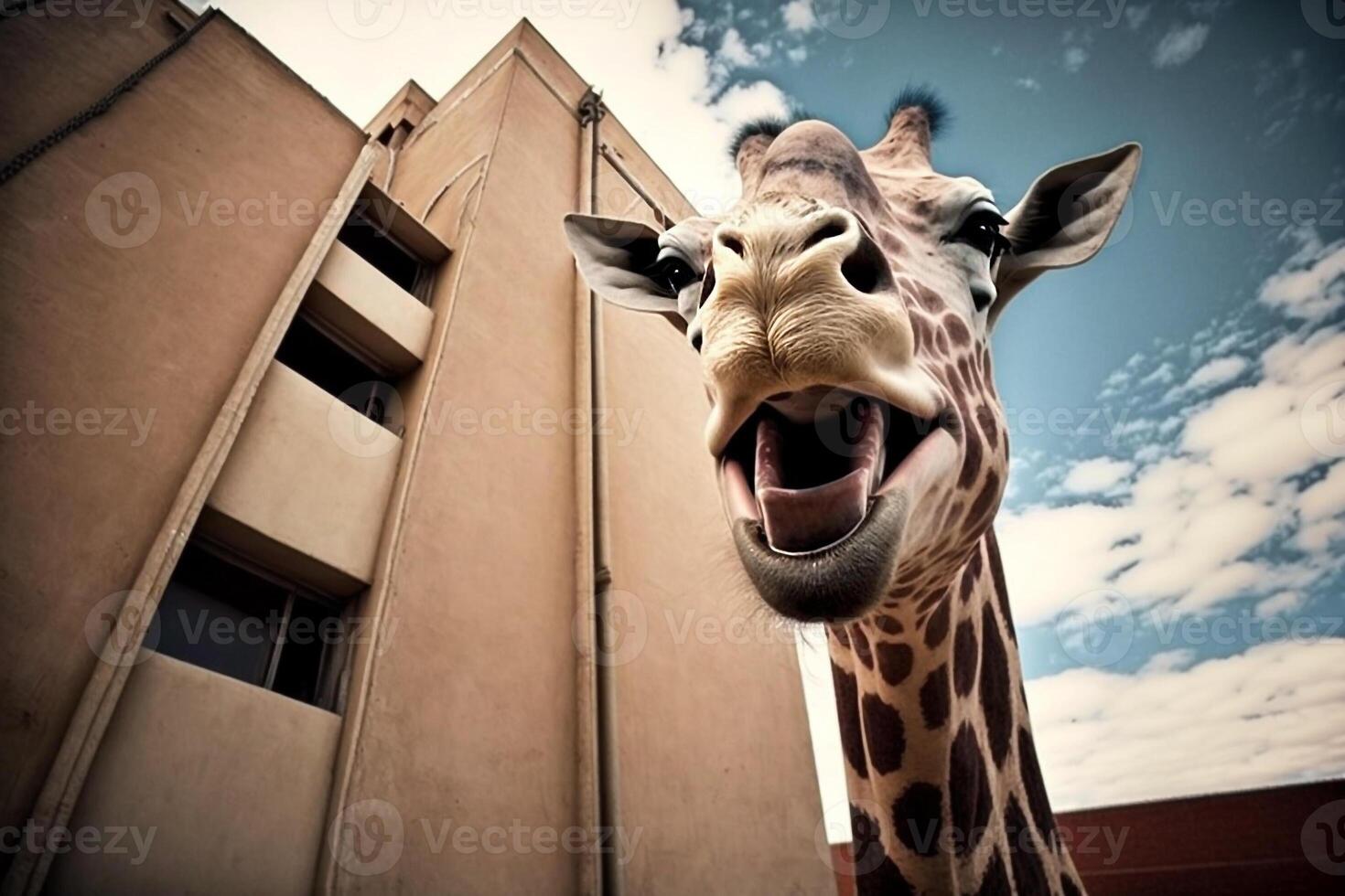 giraffe on the background of the house looks into the camera illustration photo