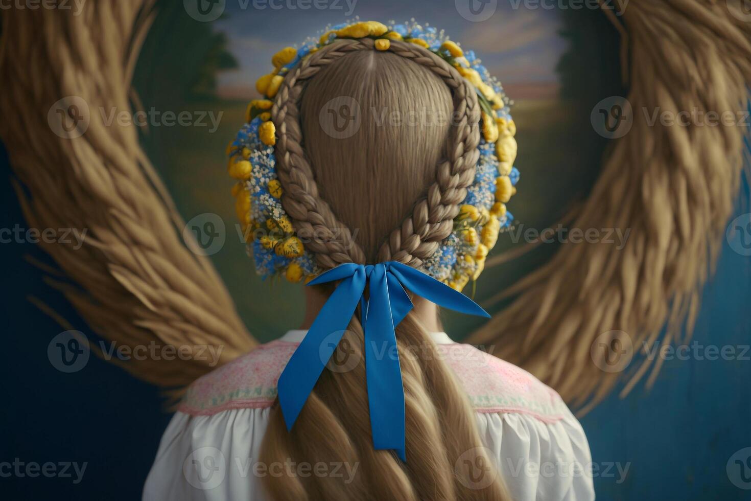 pequeño niña con un trenzado trenza de azul amarillo cintas un símbolo de Ucrania generativo ai foto