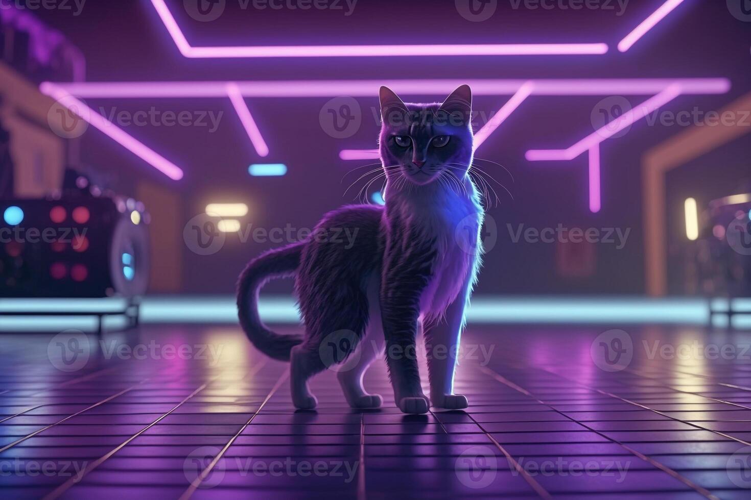 techno cat on the dance floor in purple lights photo