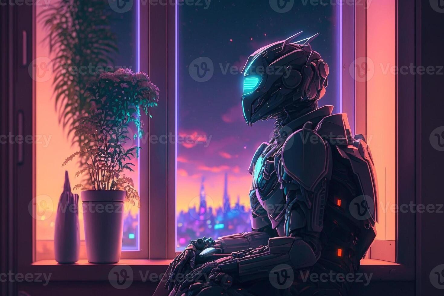 sad robot looks out the window, robotic recognizes emotions illustration photo