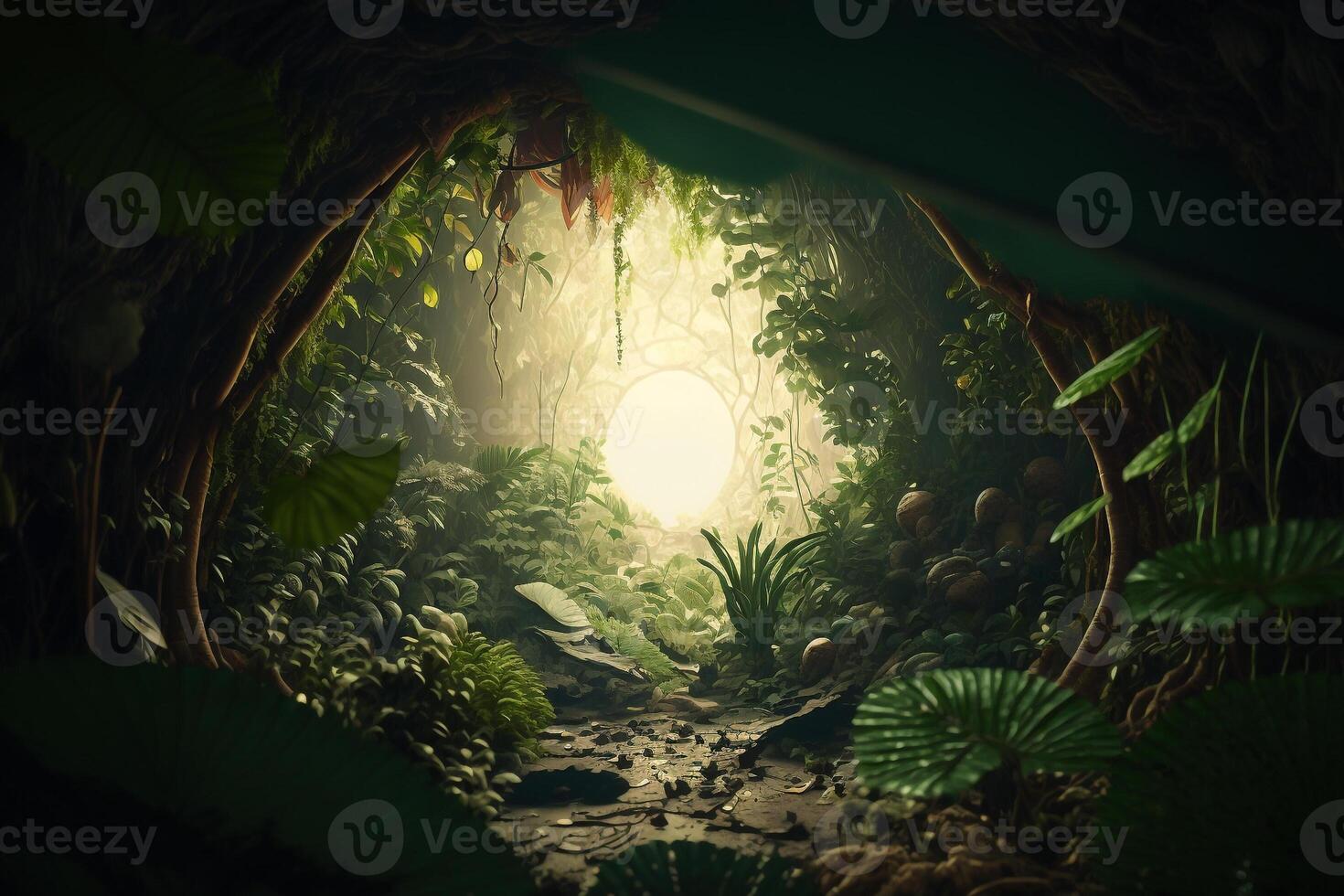 empty space sunny jungle forest,tropical nature display scene photo