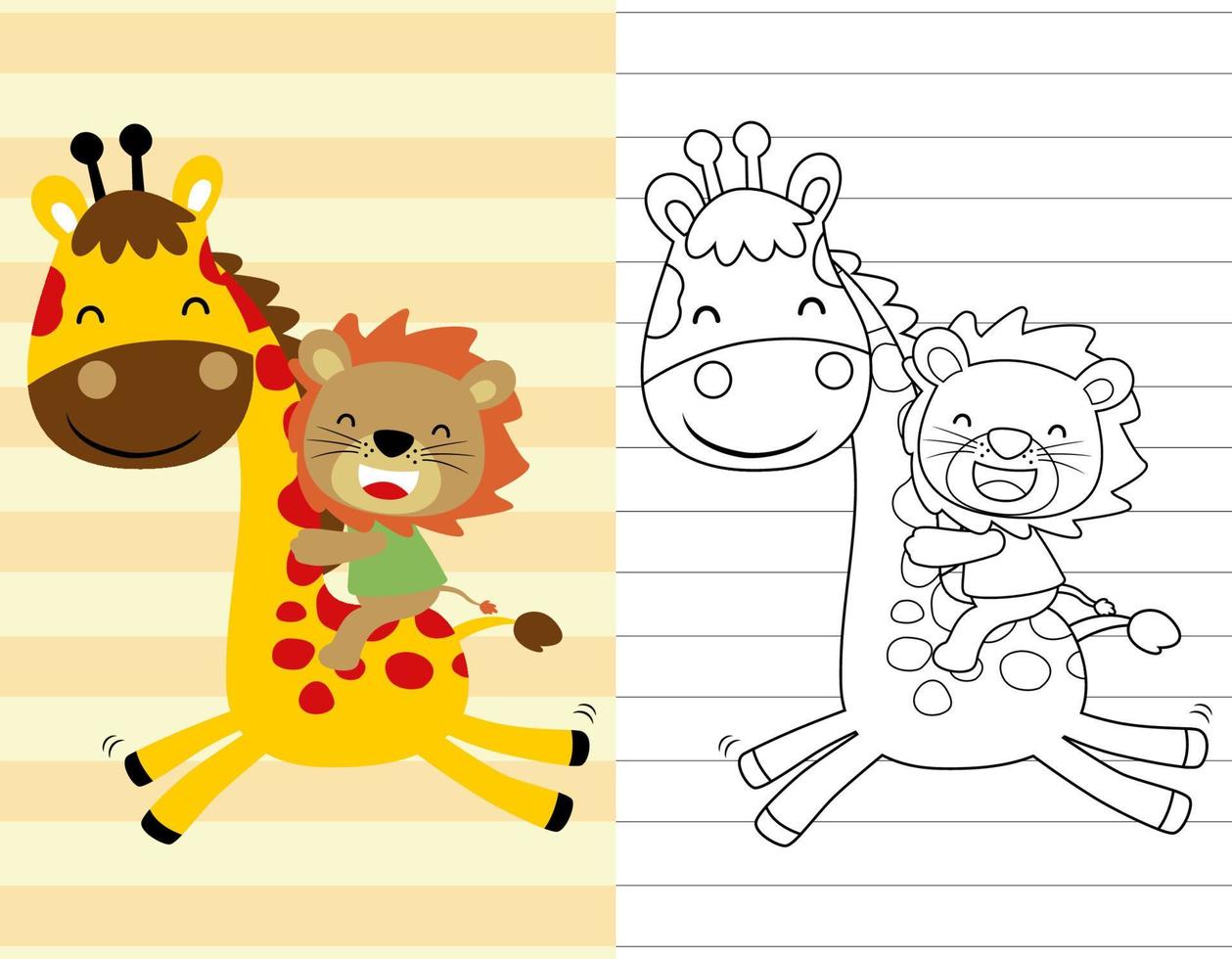 Coloring book or page with lion riding giraffe on striped background vector