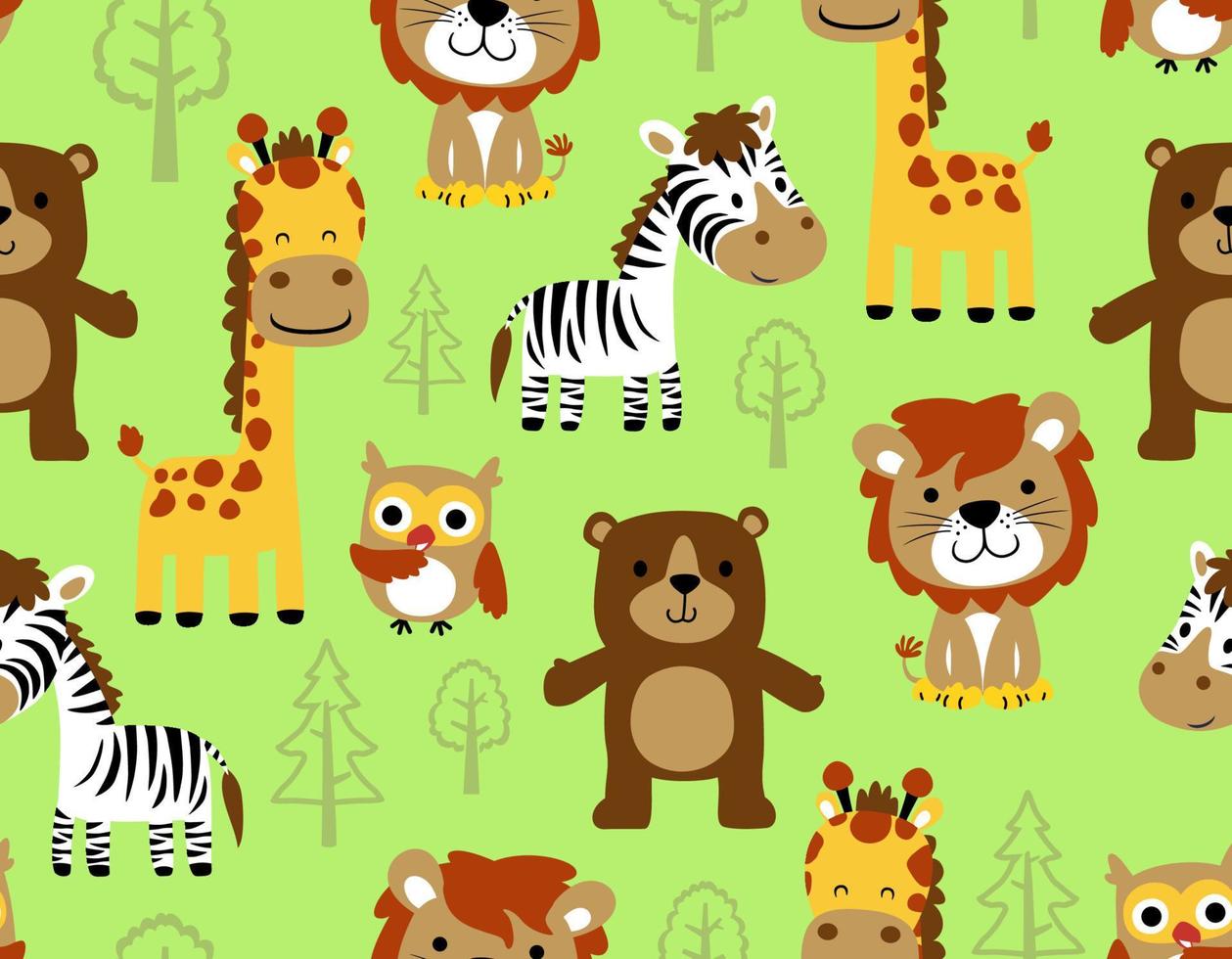 seamless pattern vector of funny animals cartoon with trees