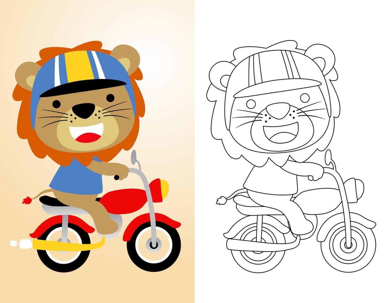 colorante libro o página con linda león dibujos animados vistiendo casco montando motocicleta vector