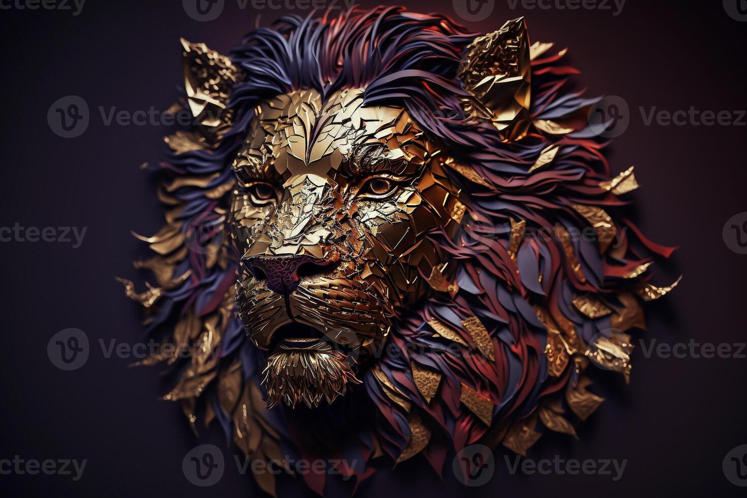 lujo león cara máscara mil millones fusión de oscuro púrpura oro metal generativo ai foto