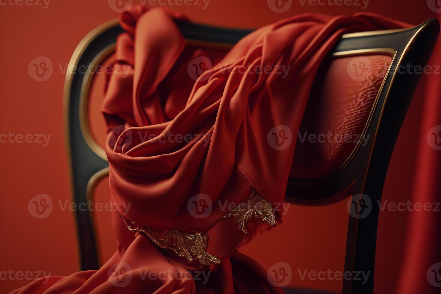 women silk red bathrobe on a chair, romantic scene photo