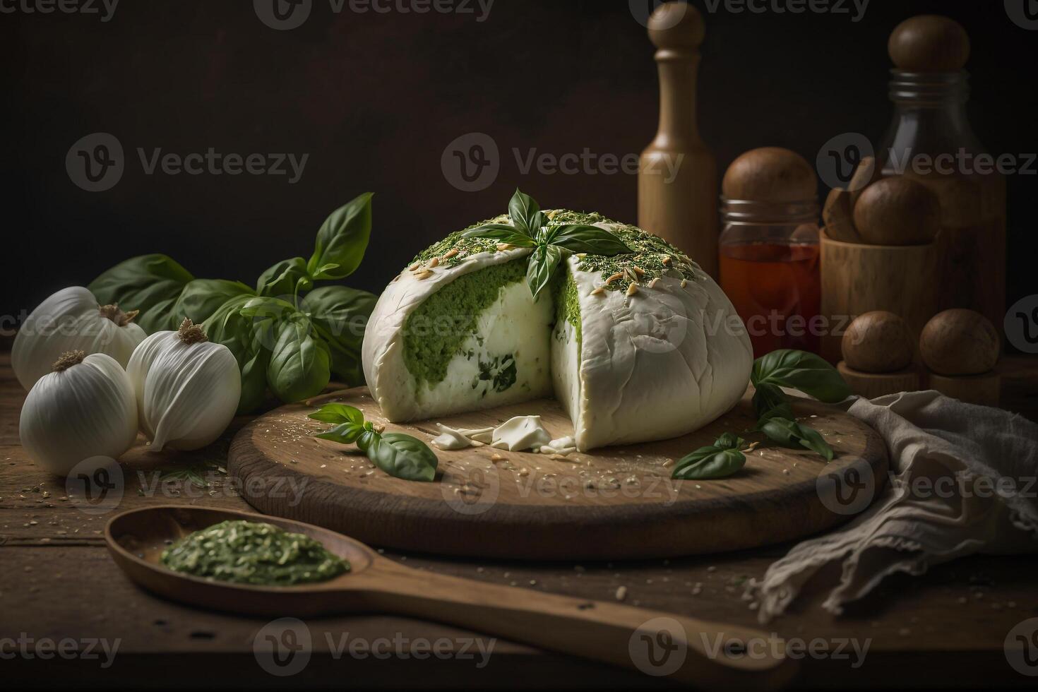 horneado queso Mozzarella con verde hierba ilustración generativo ai foto