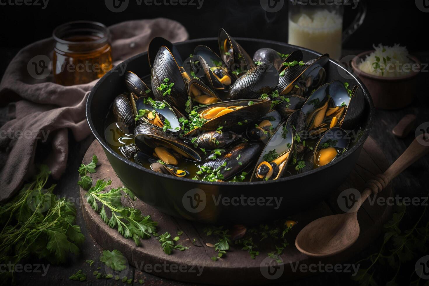 steamed mussel fragnet broth photo