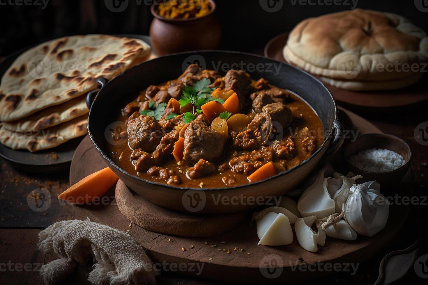 bowl of hearty creamy Jamaican food goat curry soup photo